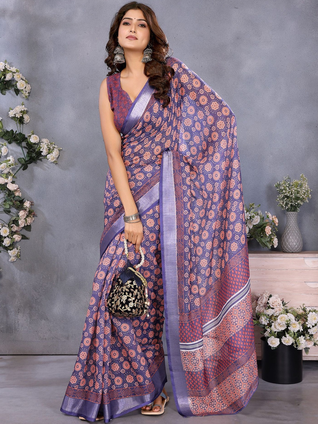 Elora Circular Floral Motif Printed Ready To Wear Saree With Unstitched Blouse