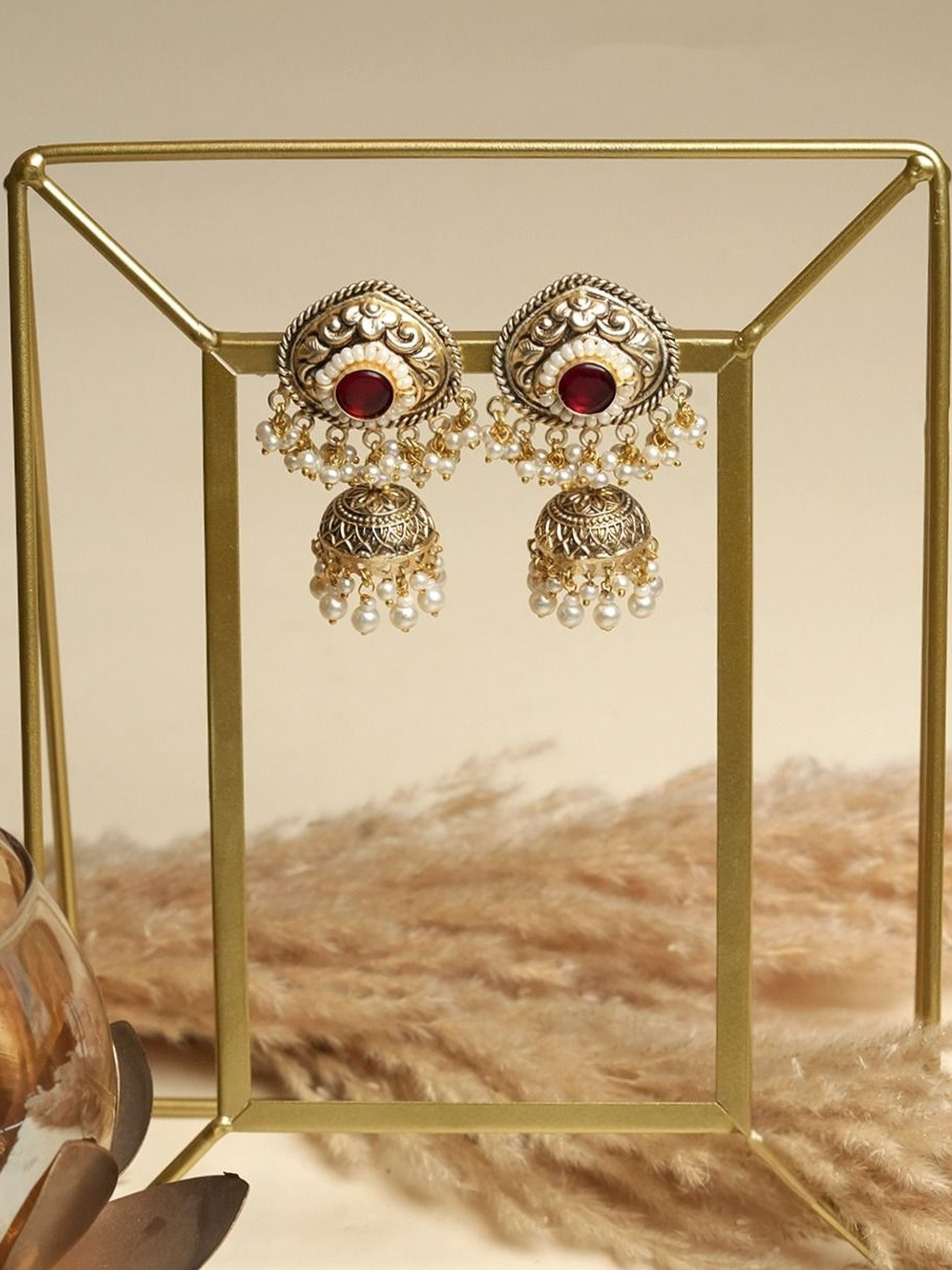 CAO Jewellery Stainless Steel Gold-Plated Stones Studded And Beaded Dome Shaped Jhumkas