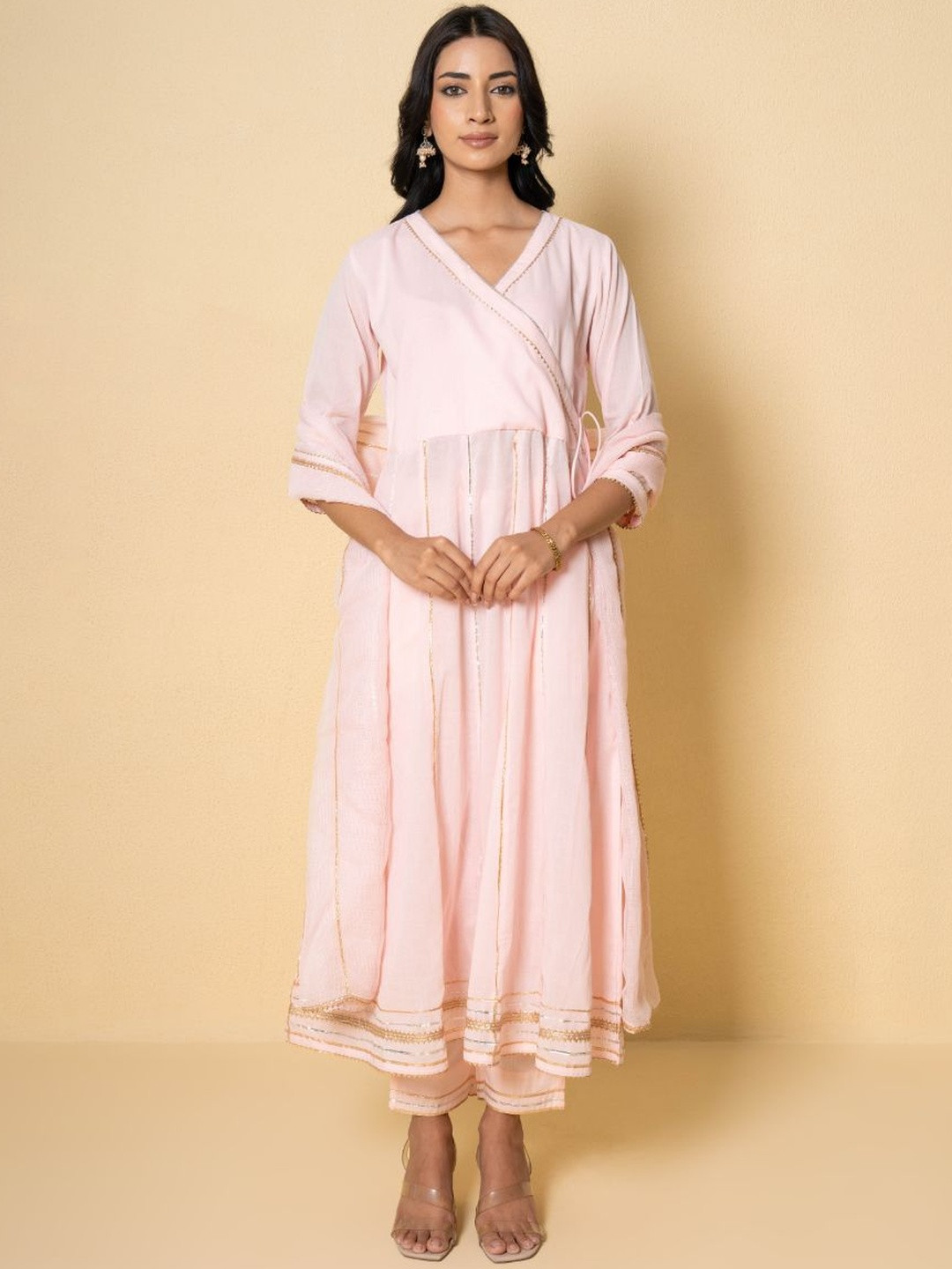 Pink Earth Women Angrakha Gotta Patti Kurta Set With Dupatta