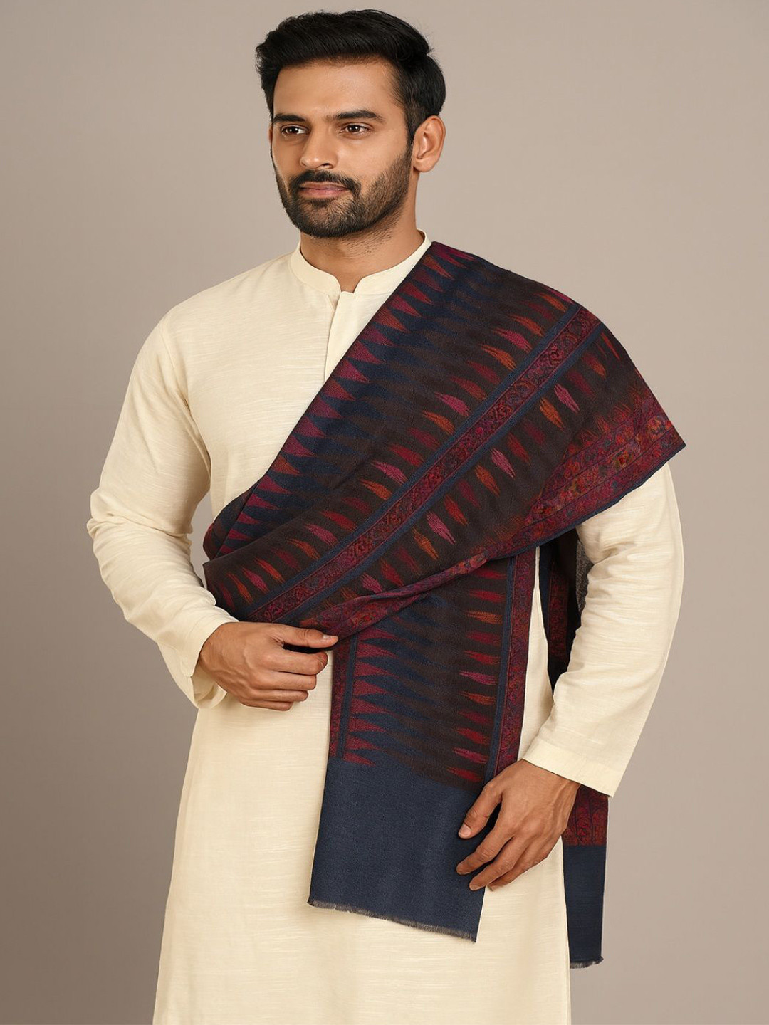 MUFFLY Men Ikat-Inspired Blue Woven Fine Wool Stole