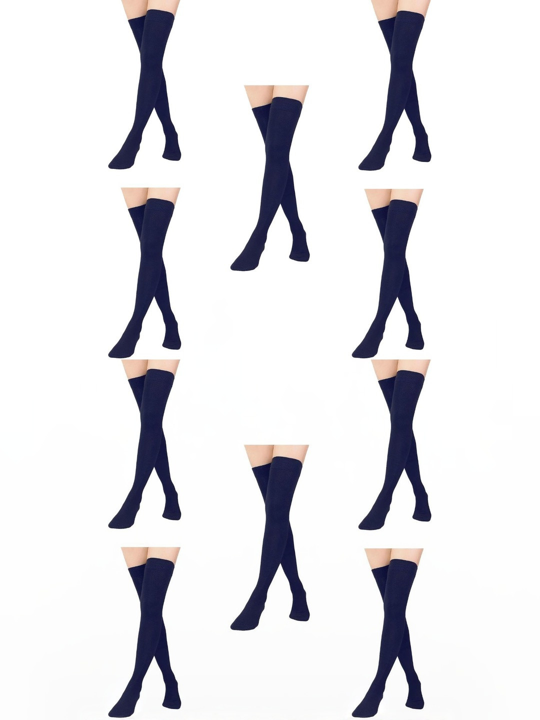 MUKHAKSH Women Pack of 10 Navy Blue Cotton Over the Knee Socks