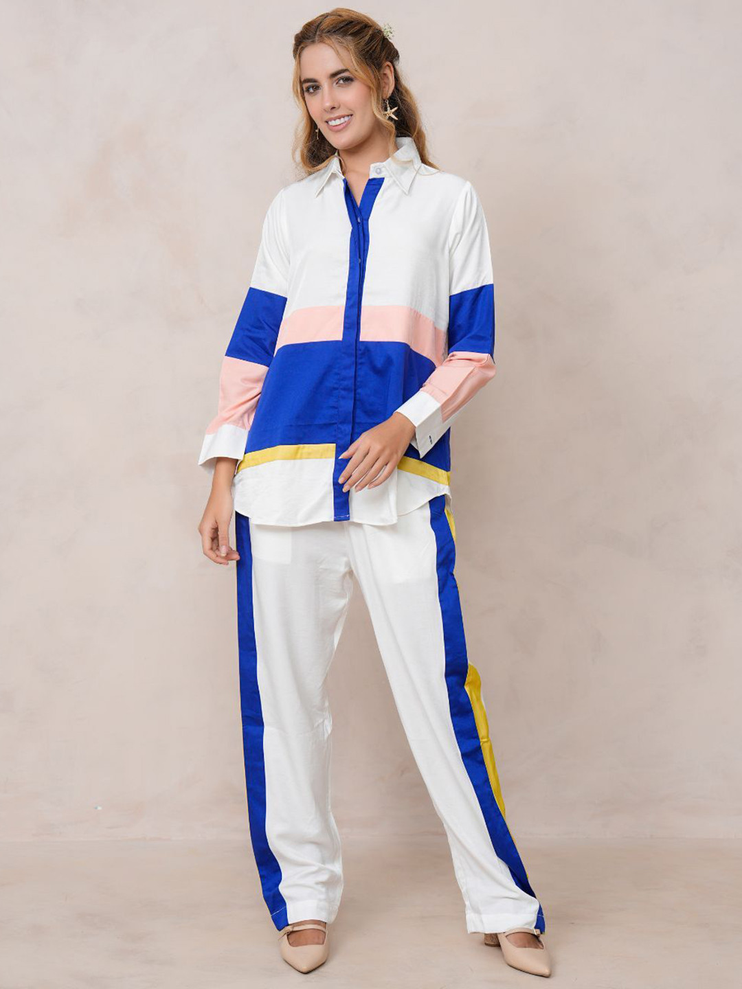 Zolo Label Colourblocked Long Sleeves Shirt With Trousers