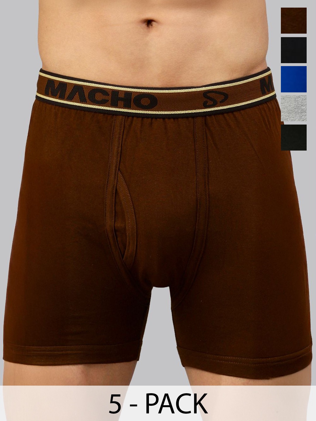 MACHO Sporto Men Pack Of 5 Pure Cotton Mid-Rise Long Trunks ASI111BTRNK-MUL2-S-5PC