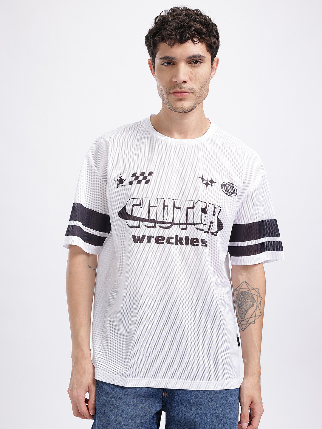 glitchez Typography Print Mesh Oversized T-shirt