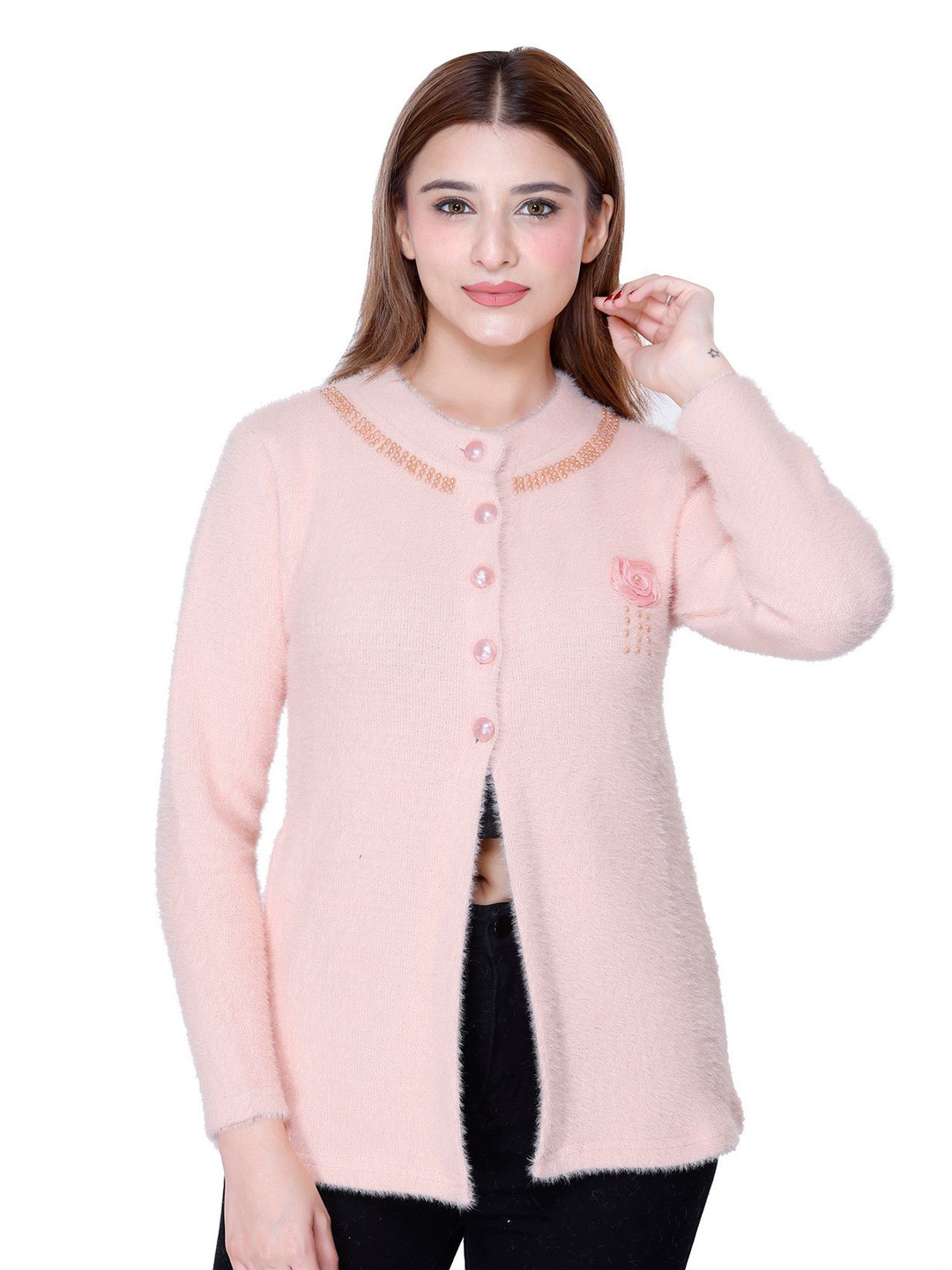 FASHSTORE Women Woollen Applique Detail Cardigan