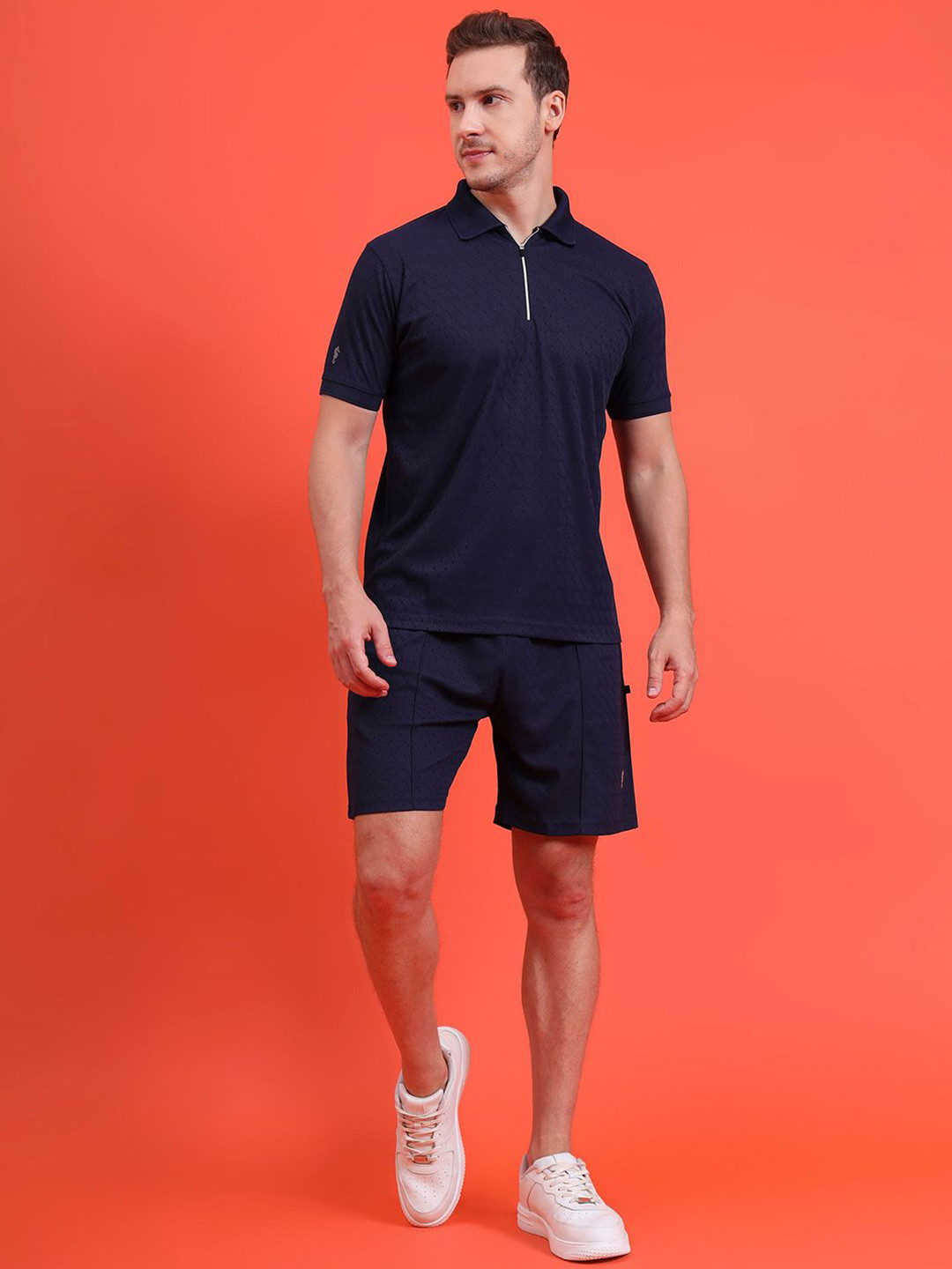 Eppe Men Blue Self Design Shirt Collar T-Shirt with Zipper & Shorts Co-Ords