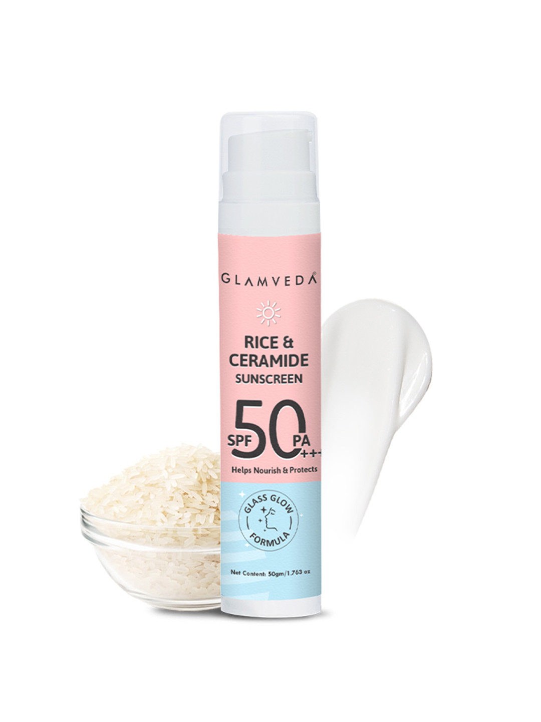GLAMVEDA Glass Skin Rice & Ceramide SPF 50 PA+++ Sunscreen To Nourish & Protect - 50ml