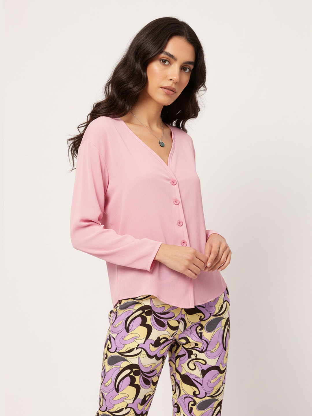 DressBerry Dreamy Drape Plunge Neck Shirt Style Top