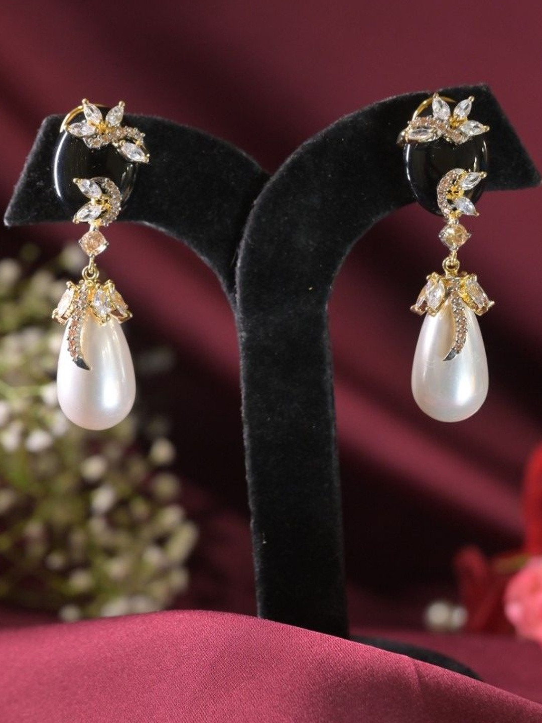 SWAN JEWELS  American Diamond Studded and Pearls Beaded Teardrop Shaped Drop Earrings