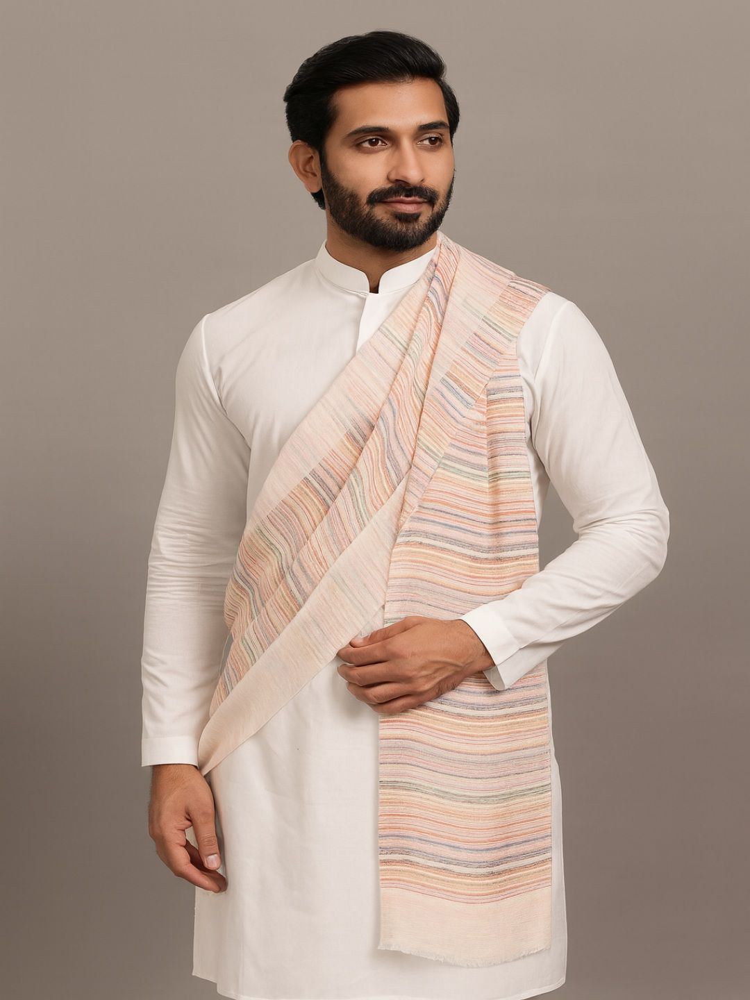 MUFFLY Men Striped Fine Wool Stole with White Border