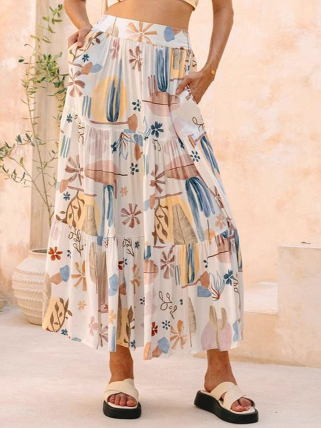 LULU & SKY Tropical Printed High-Rise Tiered Maxi Skirt