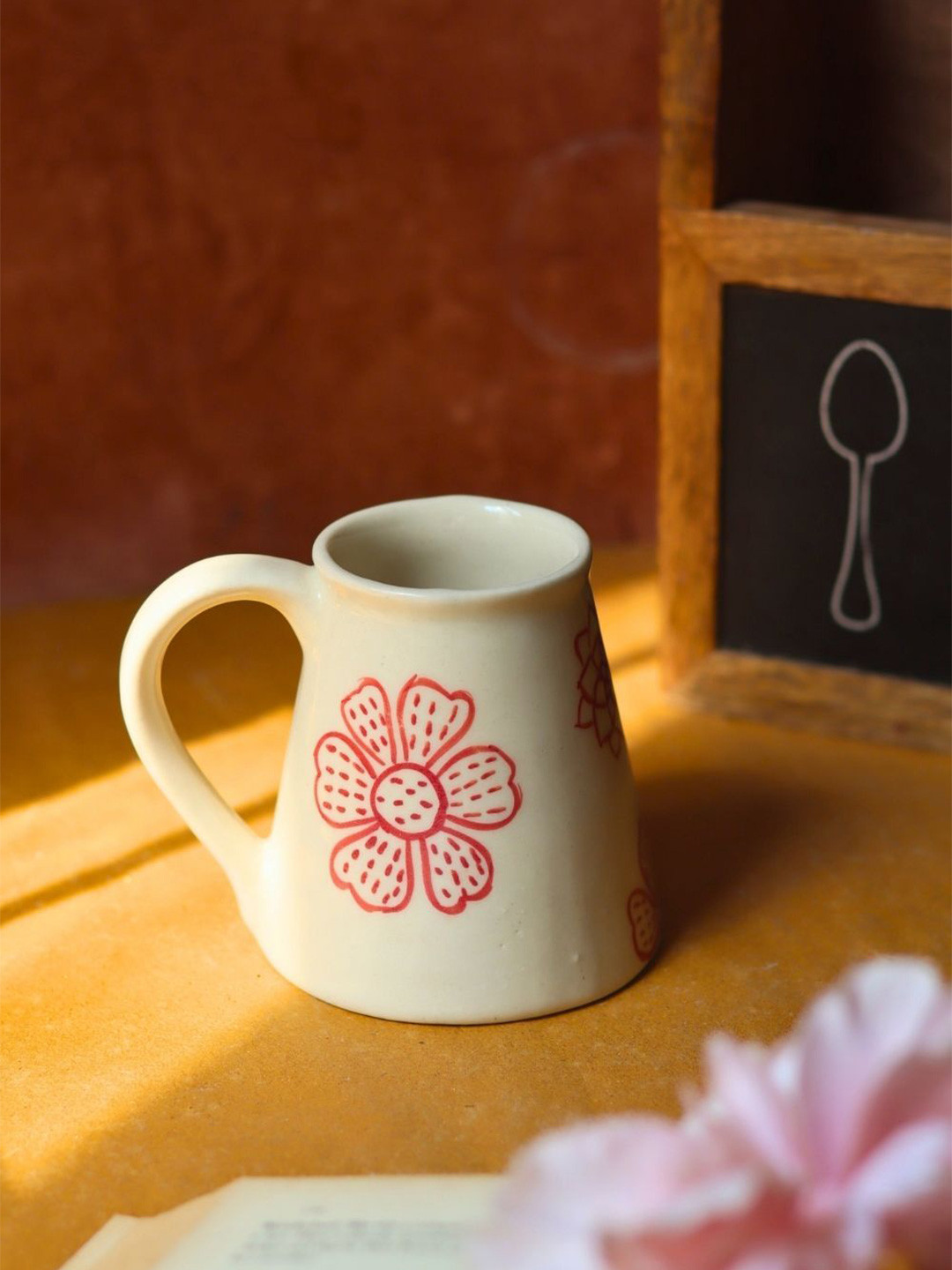 WEAVING HOMES White & Red Floral Printed Ceramic Glossy Mug-250 ml Each