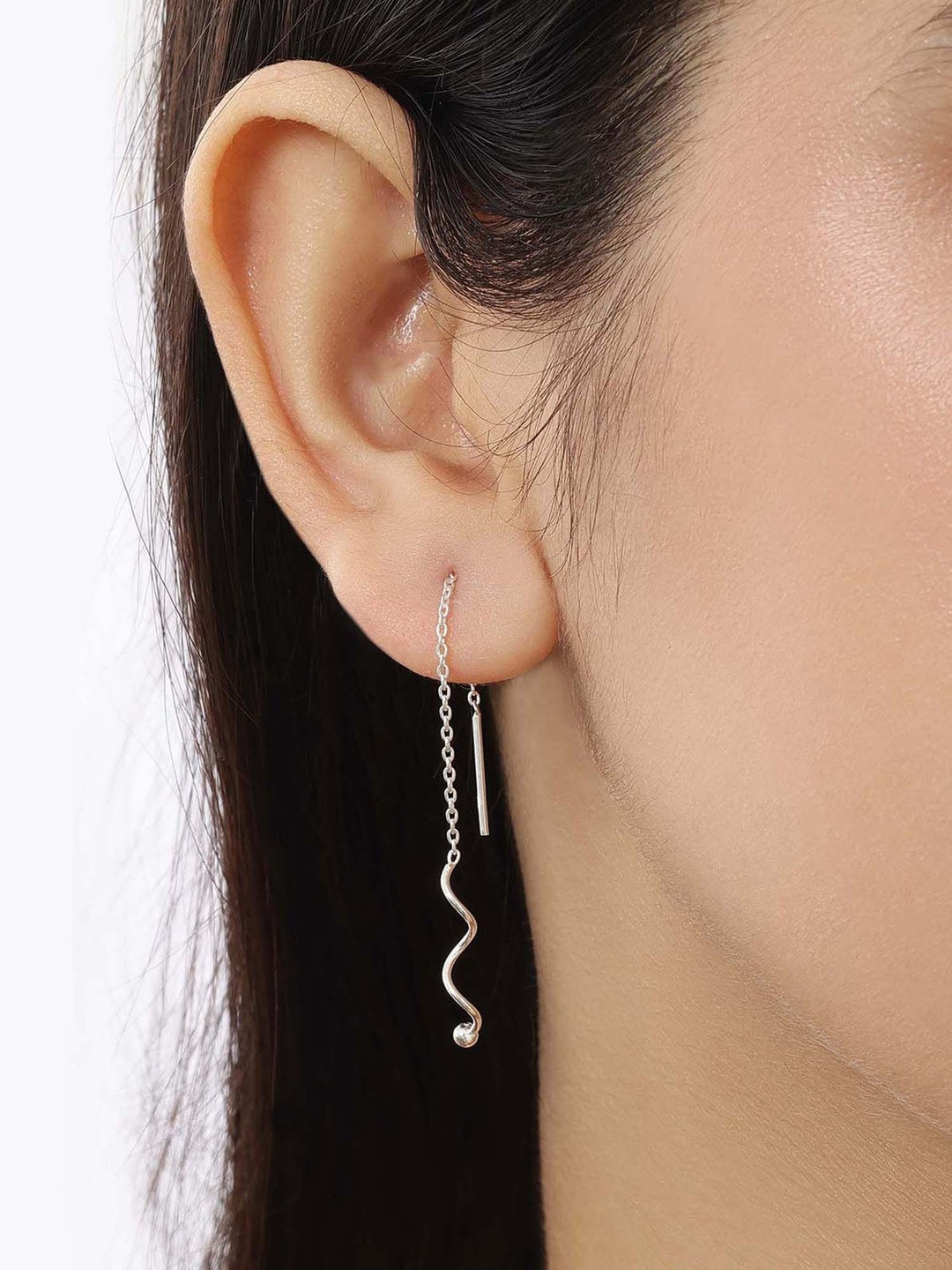 Tweov 925 Sterling Silver Rhodium-Plated Wavy Long Thread Spiked Shaped Drop Earrings