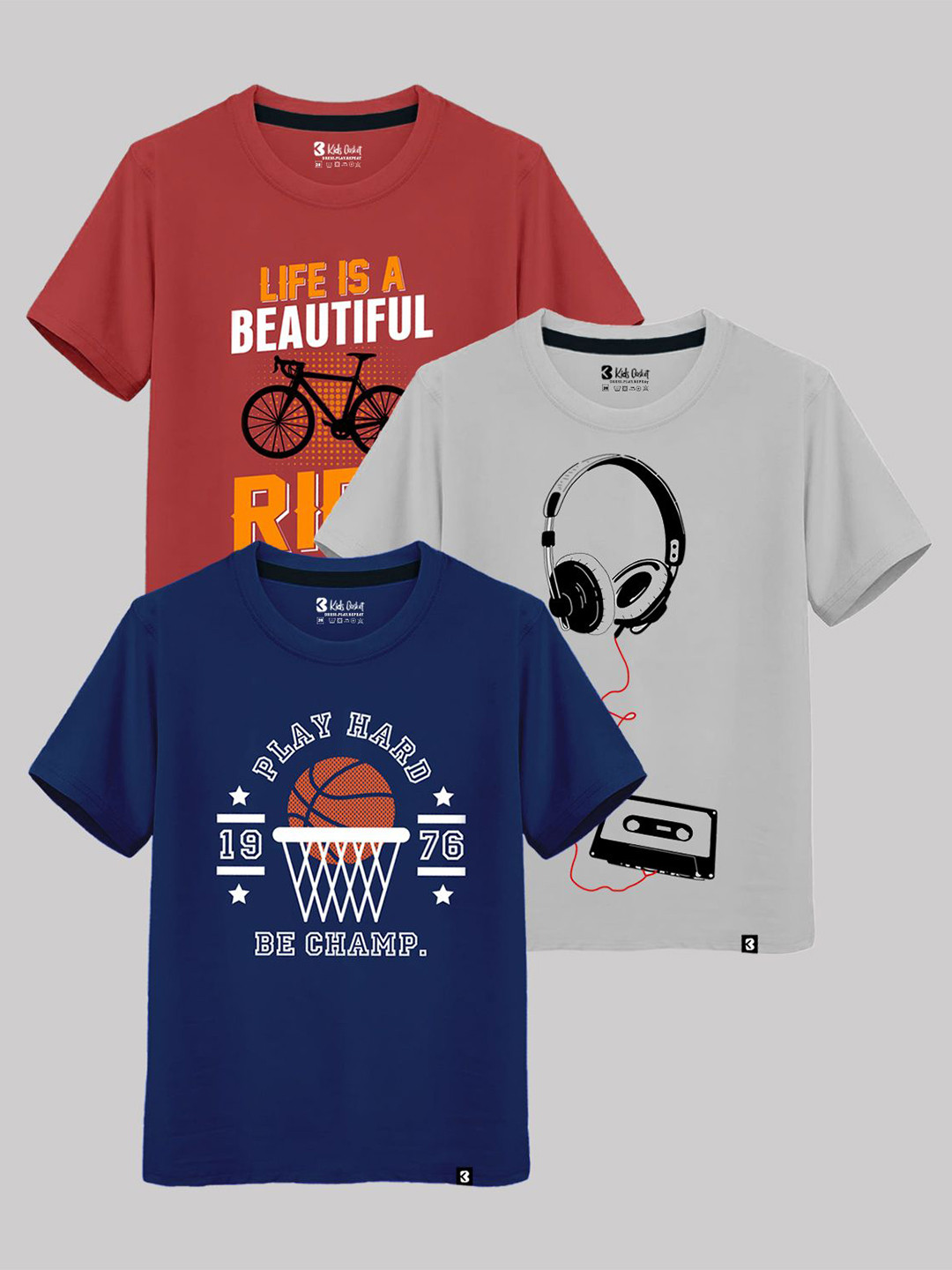 Kids Pack of 3 Basket Boys Typography Printed Round Neck T-shirts