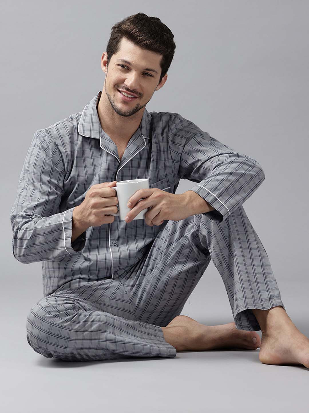 English Navy Checked Lapel Collar Relaxed Fit Night suit