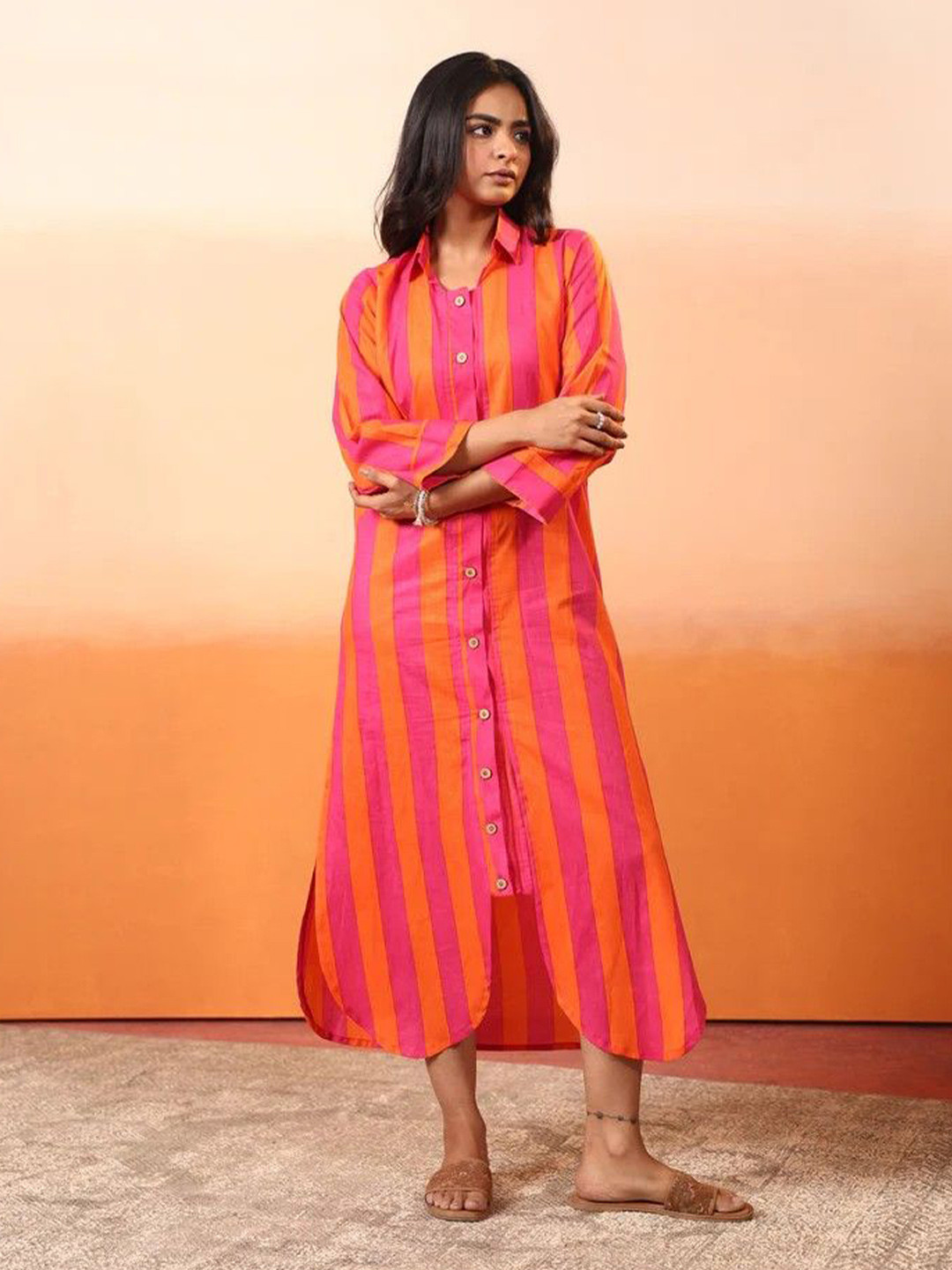 MANVAAR JAIPUR Striped Shirt Midi Dress