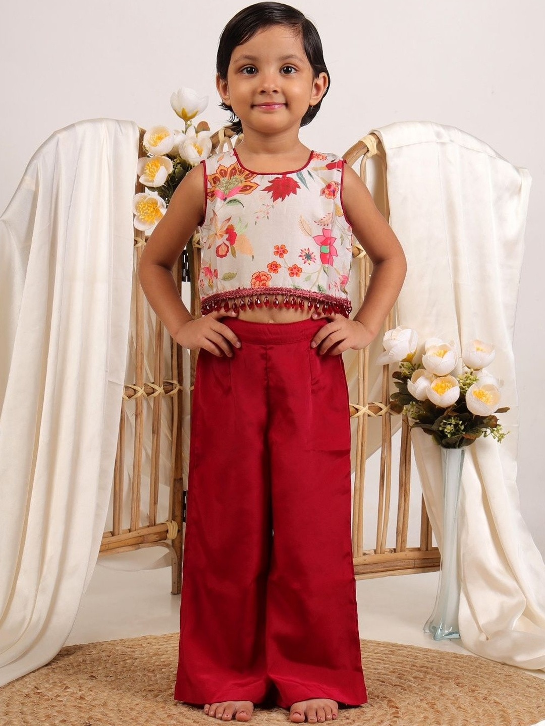 Sangria Girls Multi Colored Chanderi Cotton Floral Top with Pants Set