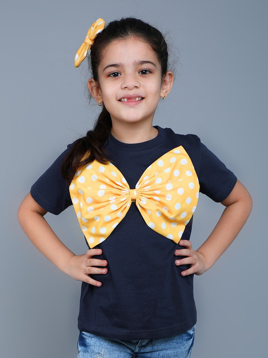 Pink Chick Vibe Tee Girls Self Design Round Neck Cotton Tshirt With Hair Clip