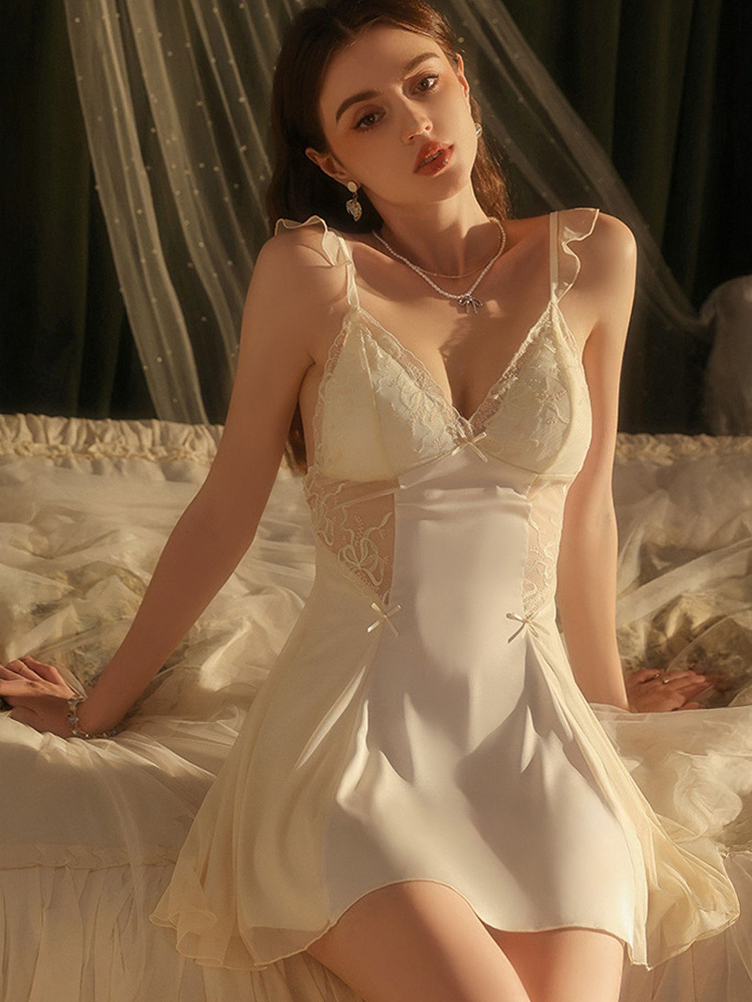 LULU & SKY Shoulder Strap Lace-Trimmed Baby Doll Night dress