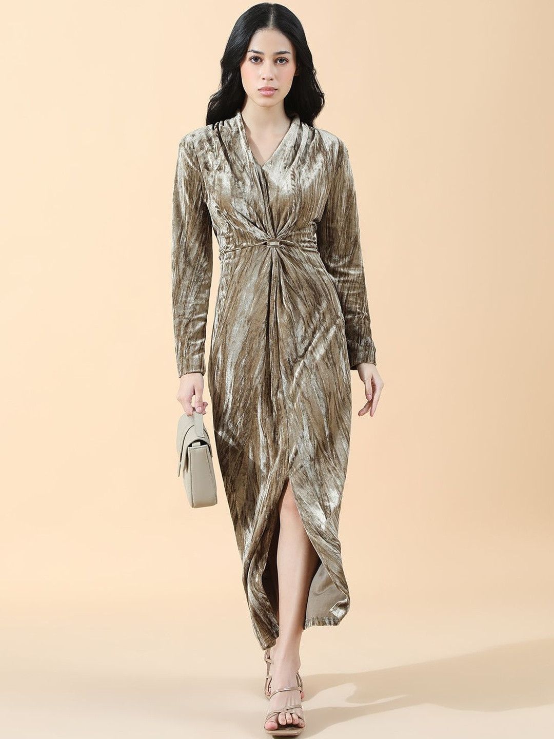 SHOWOFF Abstract Textured Knot V-Neck Velvet Maxi Dress