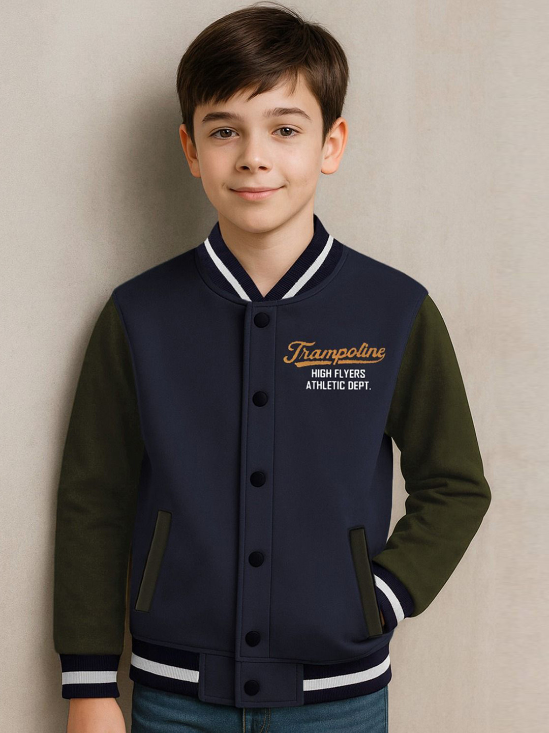 YK X Trampoline Kids Stand Collar Suede Varsity Jacket