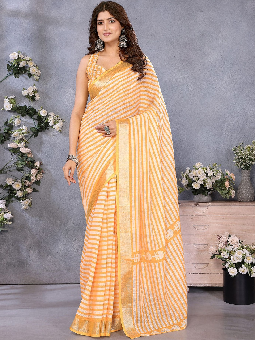 Elora Stripes Printed Leheriya  Ready To Wear Saree With Unstitched Blouse