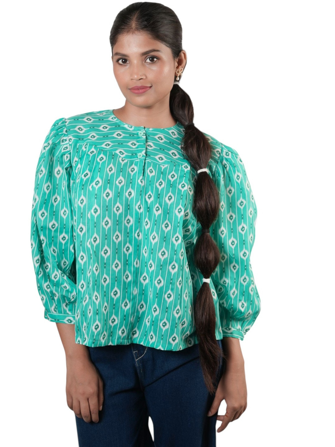 PALL&WE Women Ikat Print Round Neck Puff Sleeves top