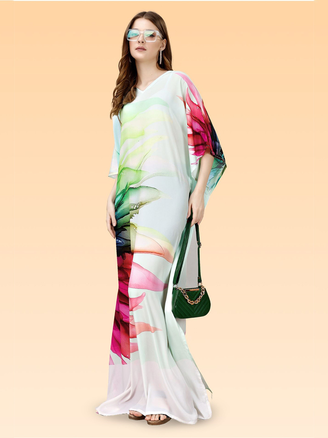 SilkSutra Women Print Kimono Sleeve Kaftan Maxi Dress