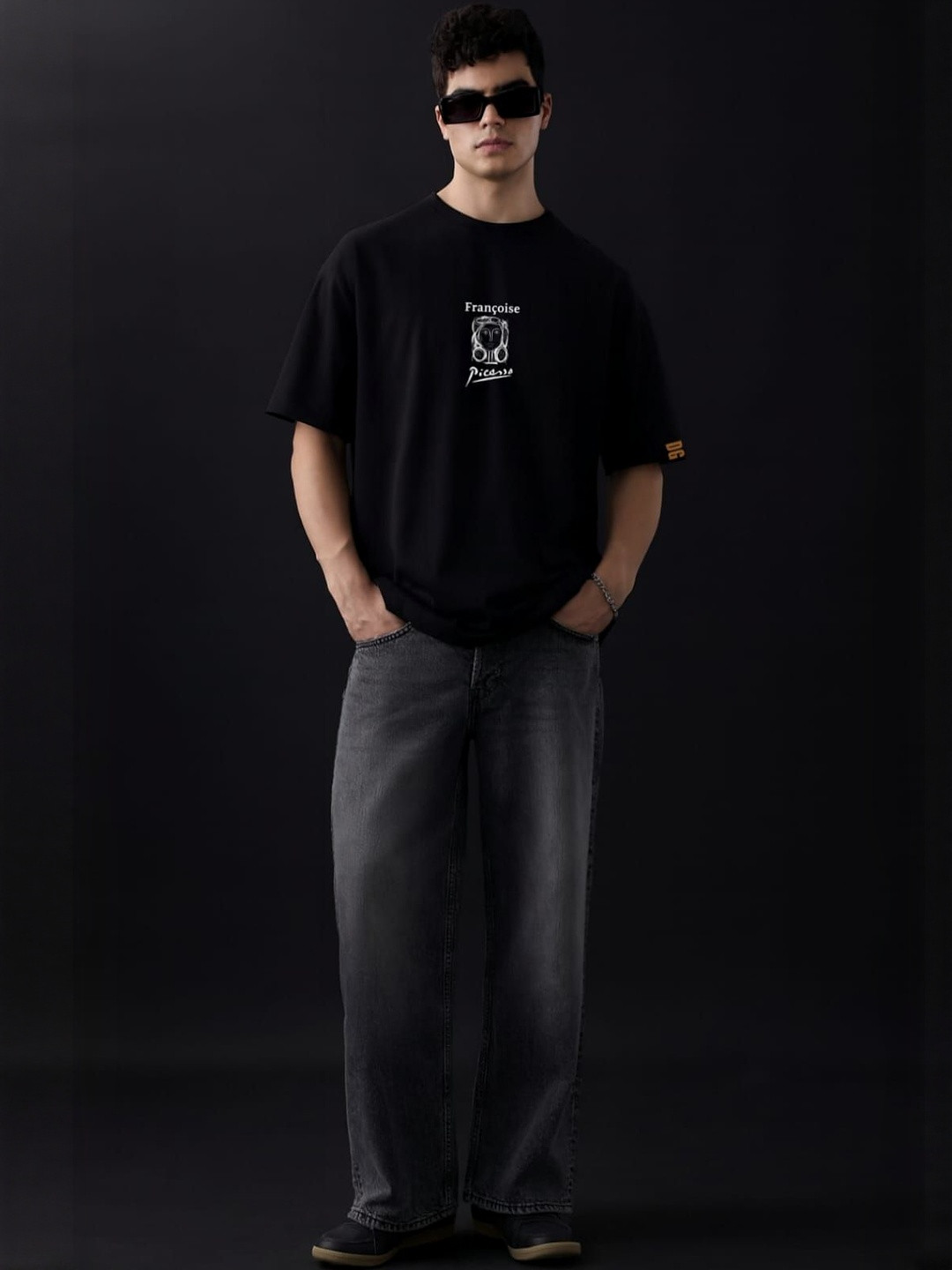 DAMN GUD DG Typography Printed Drop-Shoulder Sleeves Cotton Oversized T-shirt