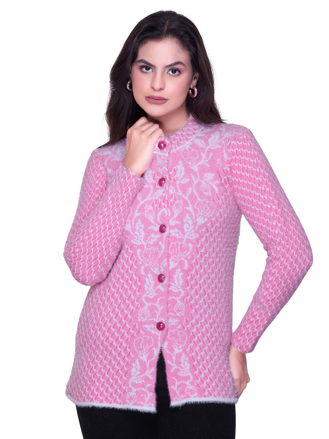 FASHSTORE Women Self Design Round Neck Long Sleeves Woollen Cardigan sweater