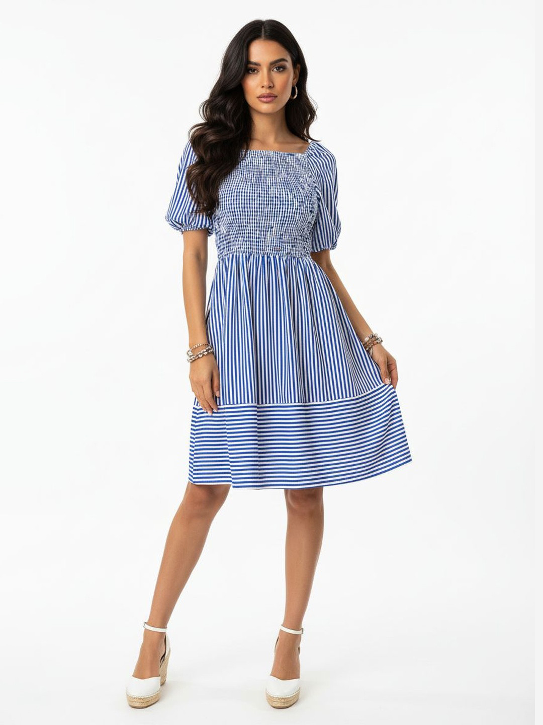 DressBerry Striped Smocked Tie-Ups Back Fit & Flare Dress