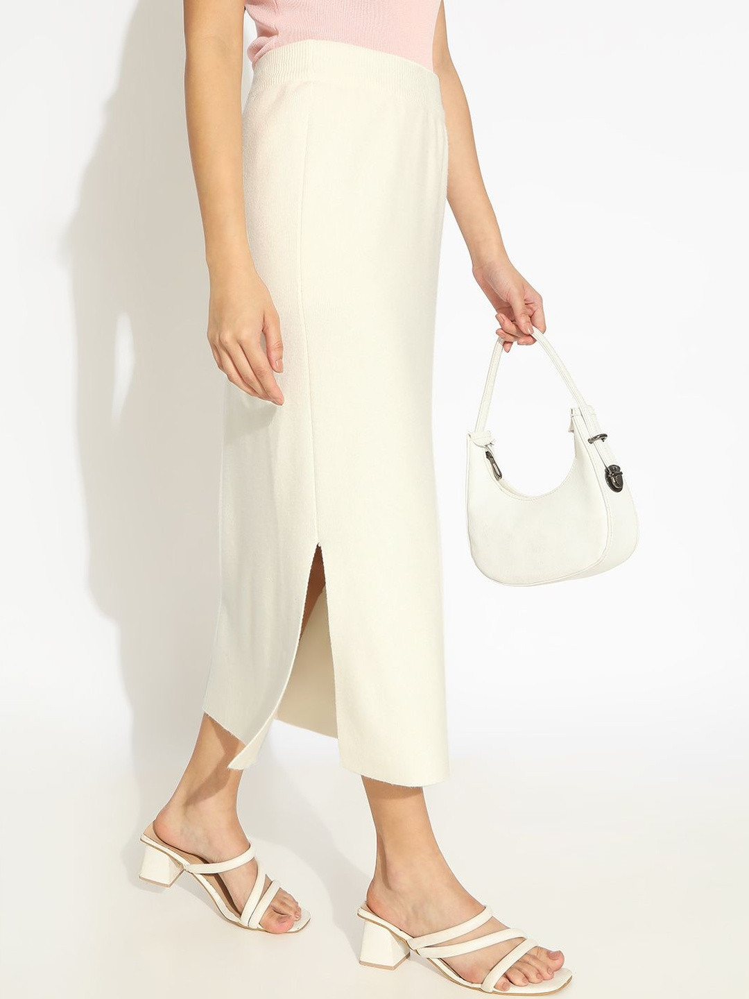 SHOWOFF Women Off White Straight Midi Skirt