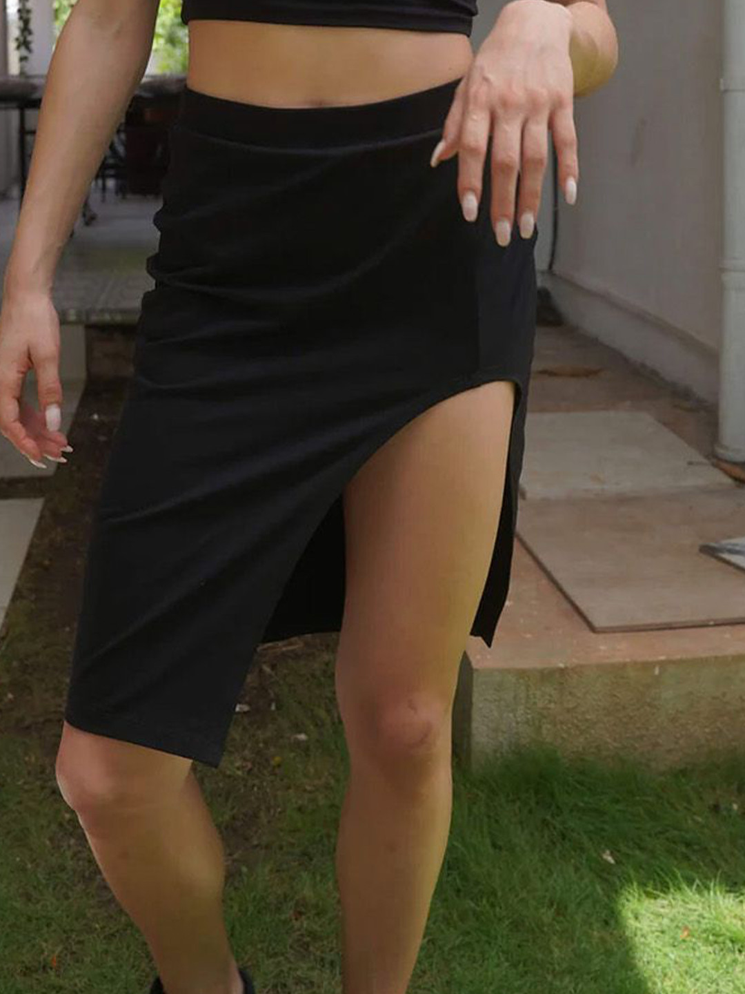 Bonkers Corner Women Black Long Slit A-Line Skirt