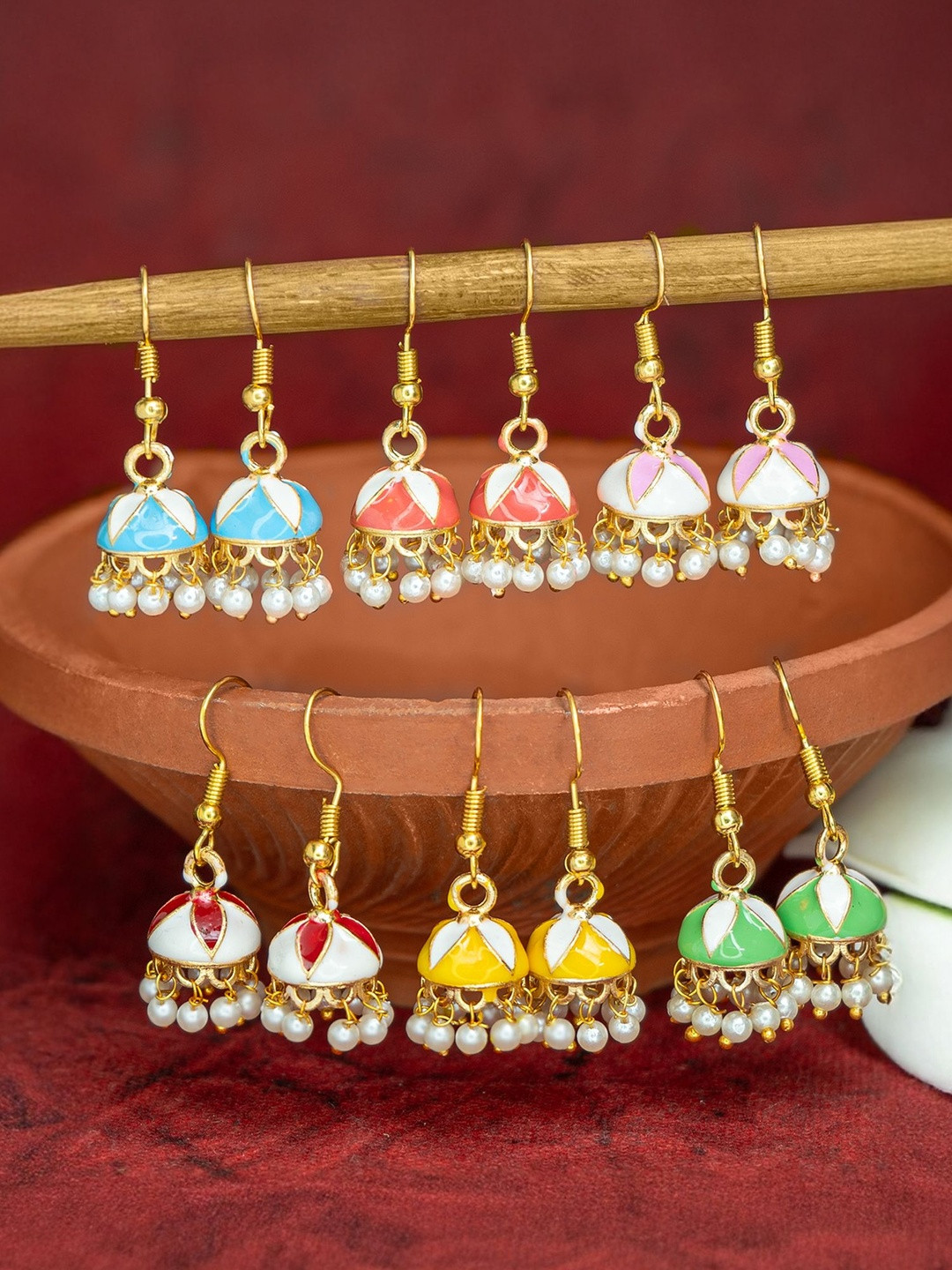 Vesara Set Of 6 Pearls Beaded Meenakari Dome Shaped Jhumka Earrings