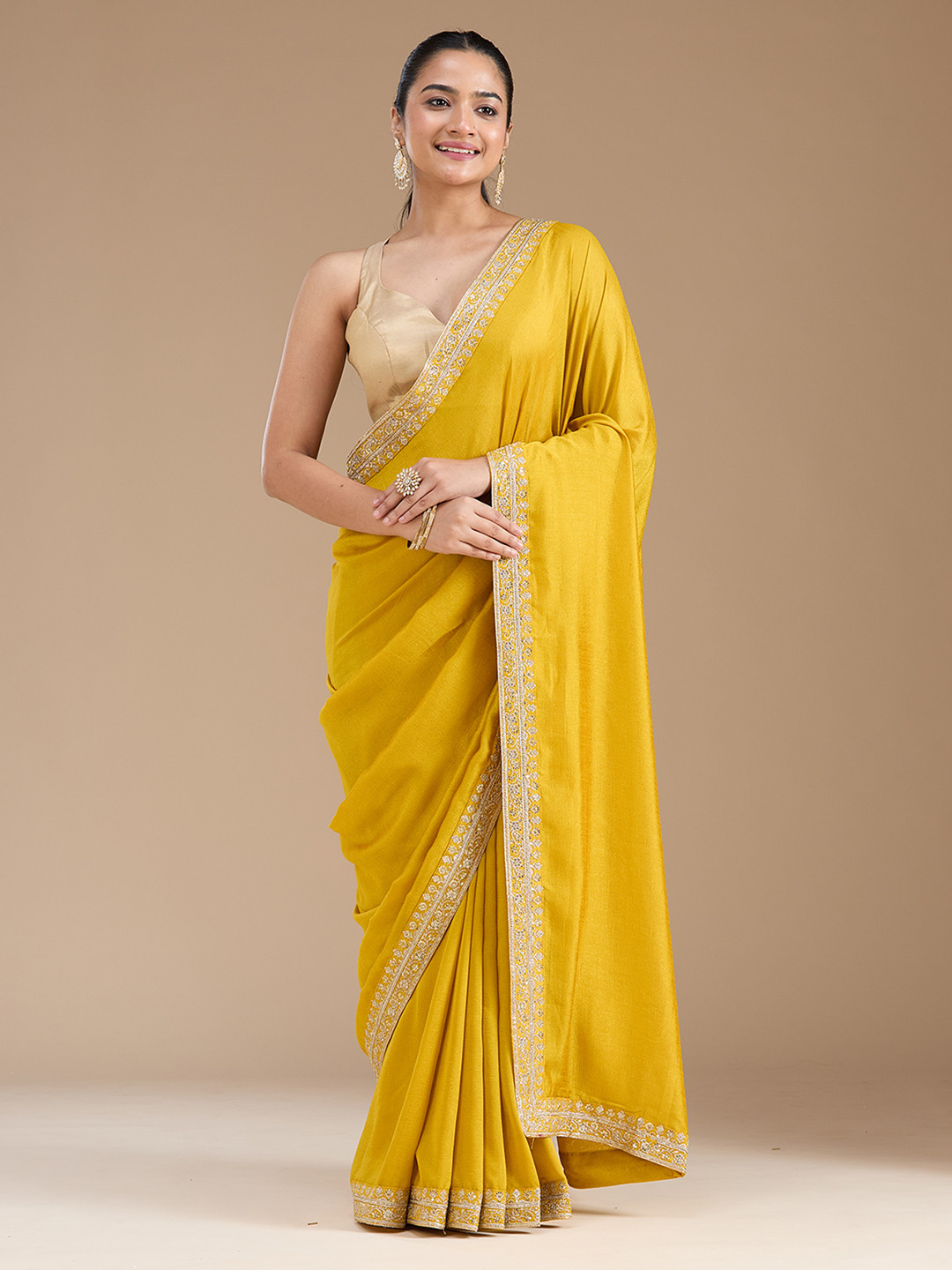 Koskii Mustard Zariwork Soft Raw Silk Saree