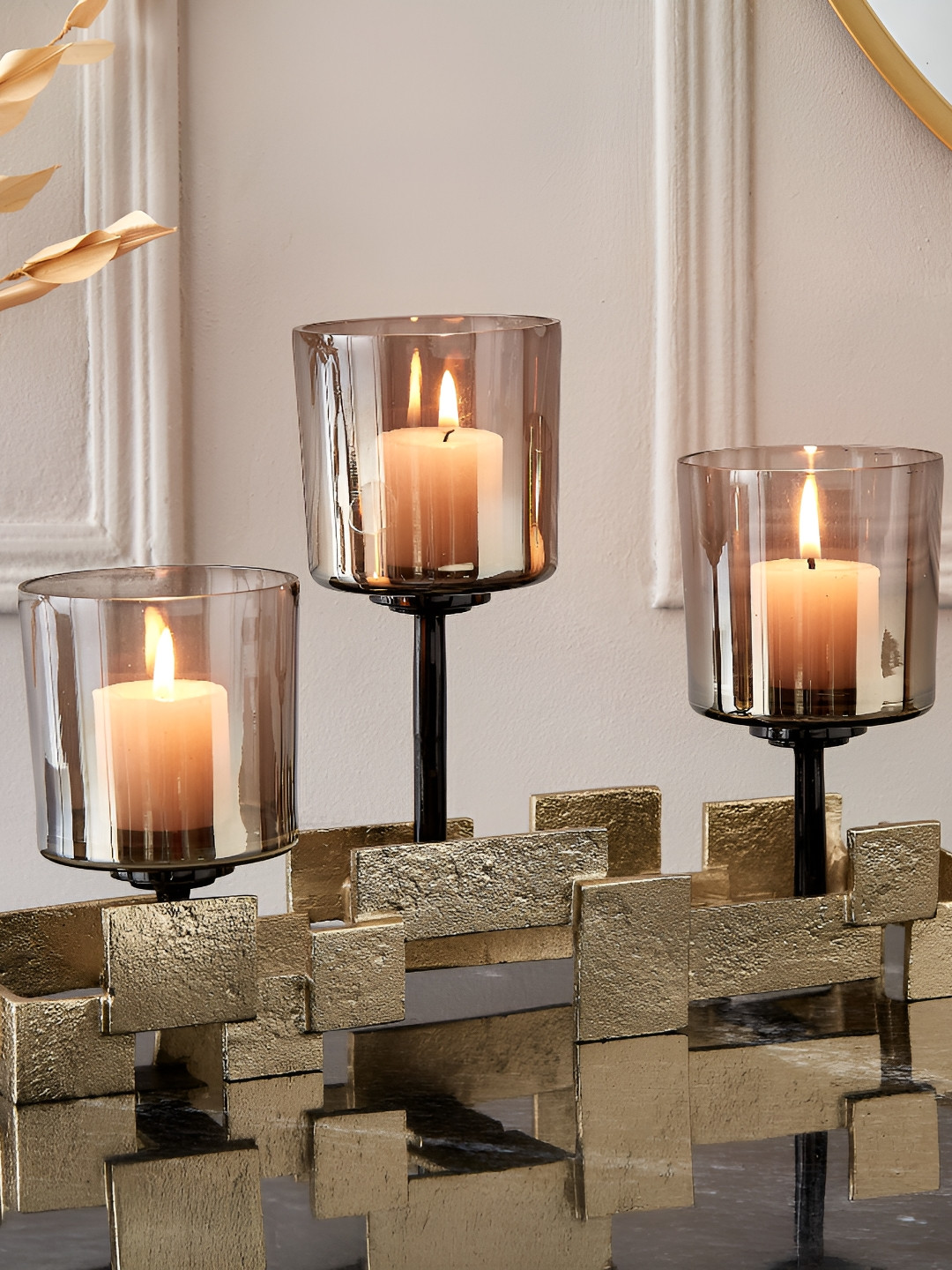 Home Centre Brim Royale Blocks Gold-Toned & Brown Glass Candle Holder
