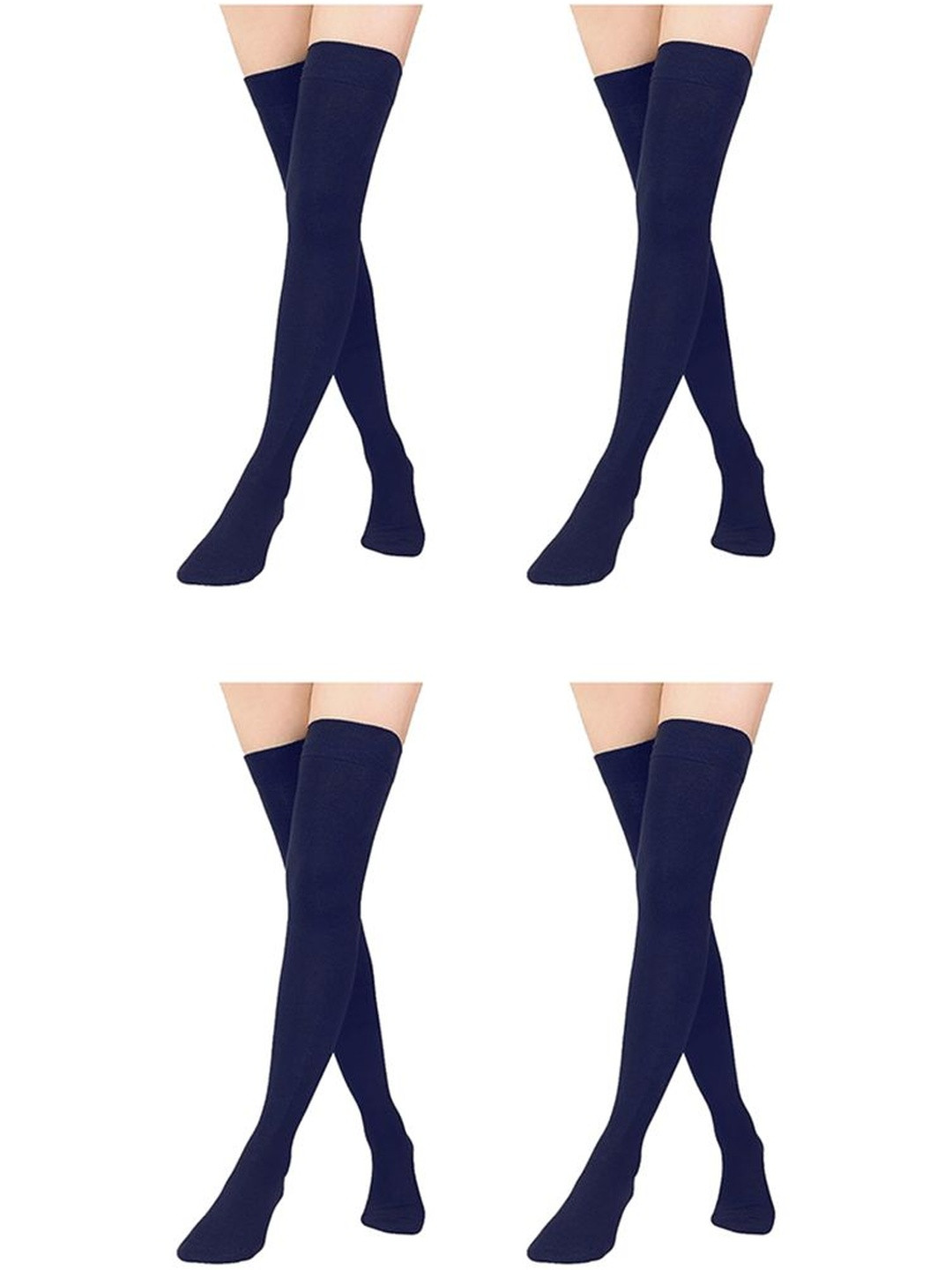 MUKHAKSH Women Navy Blue Set Of 4 Cotton Stocking Over the Thigh Length Socks