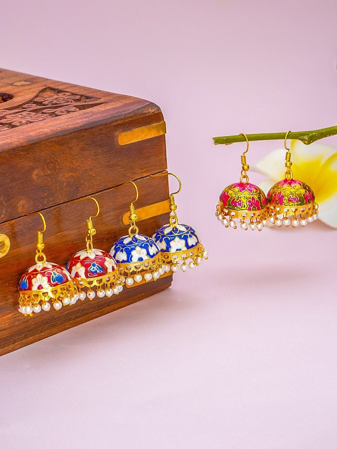 Vesara Set Of 3 Pearls Beaded Meenakari Dome Shaped Jhumka Earrings