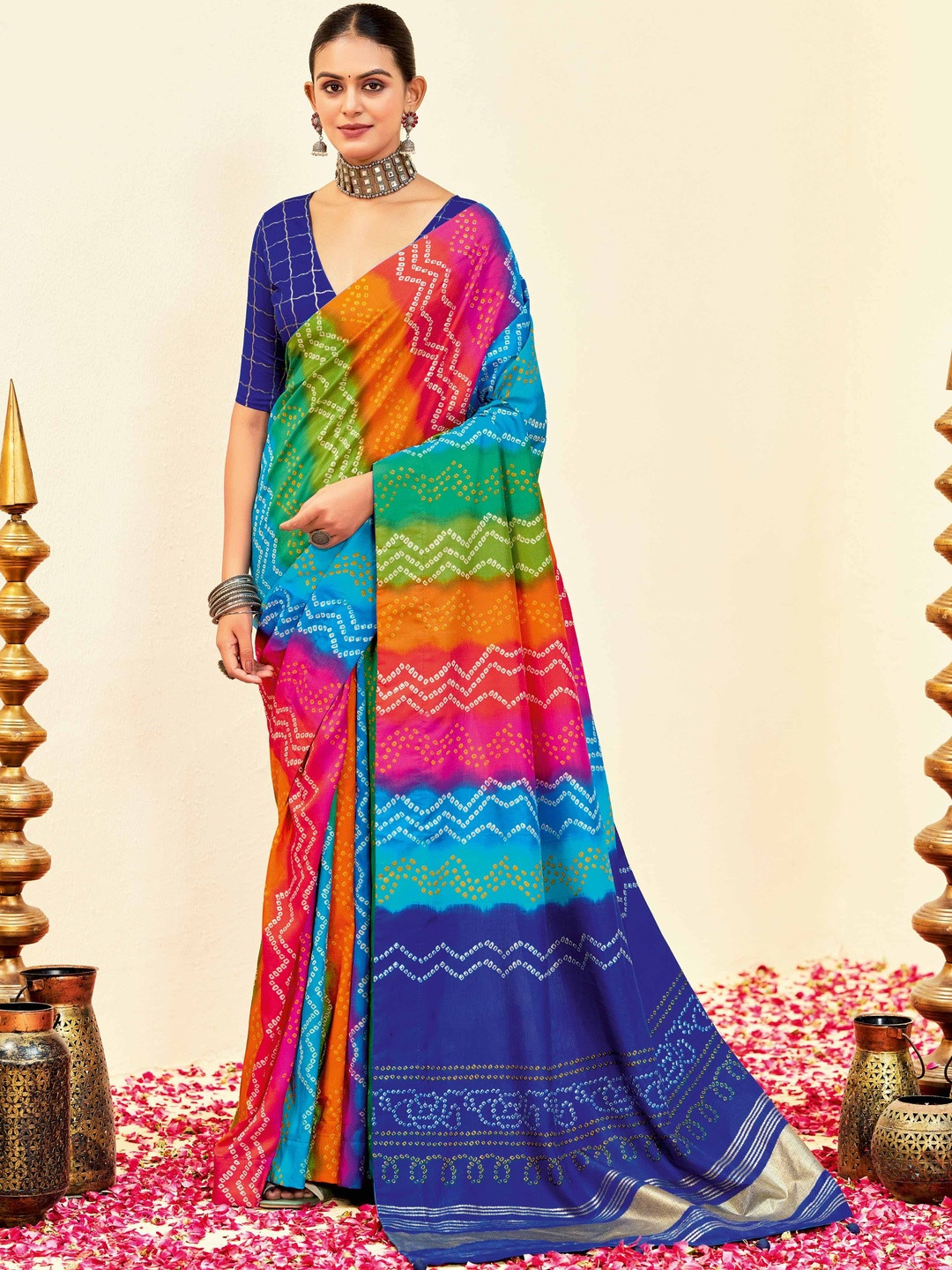 TIRA Ajrak Block Gotta Patti Bandhani Saree