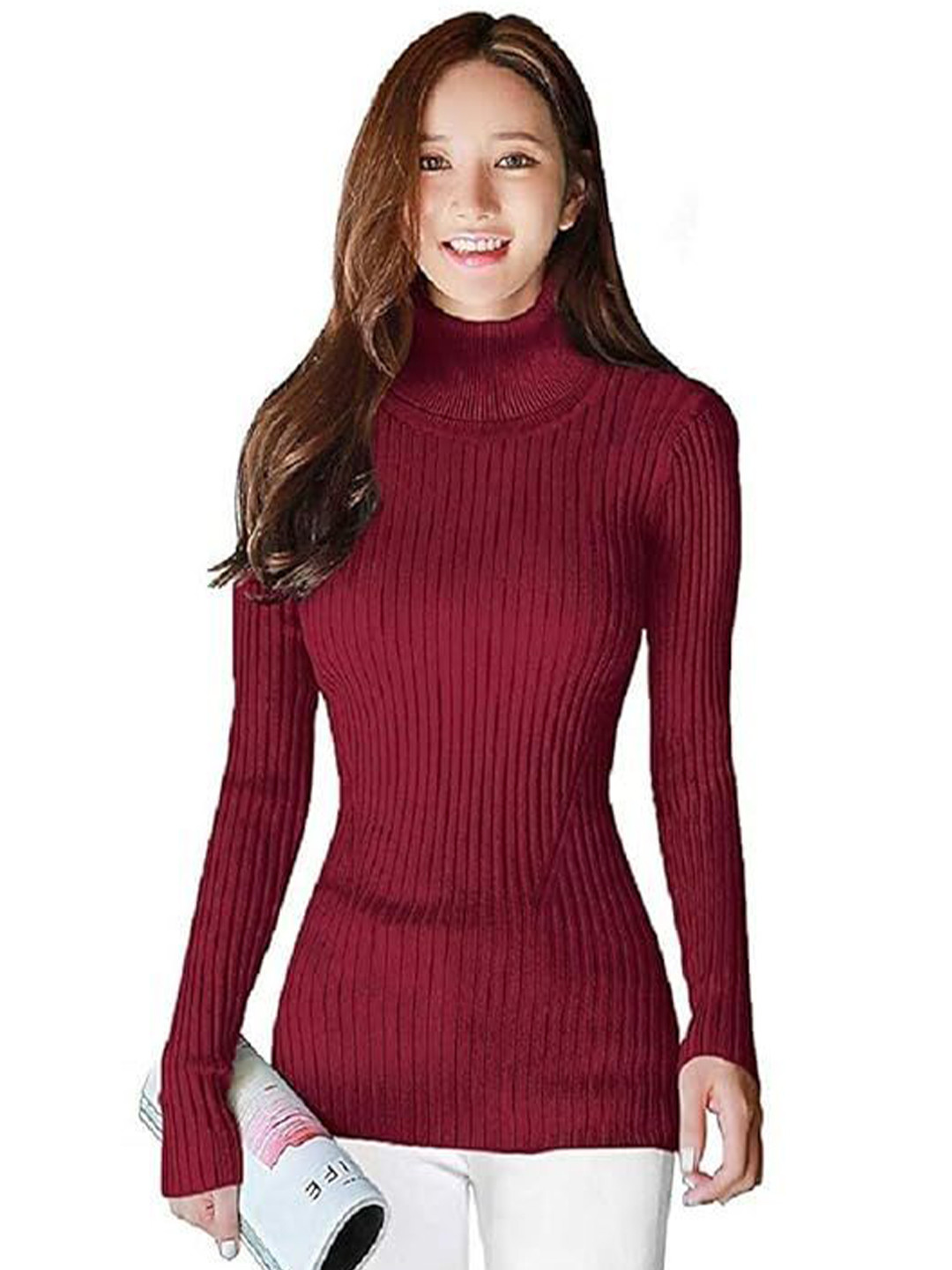 BuyUniqueFashion Women Striped High Neck Wool Pullover Sweatshirt