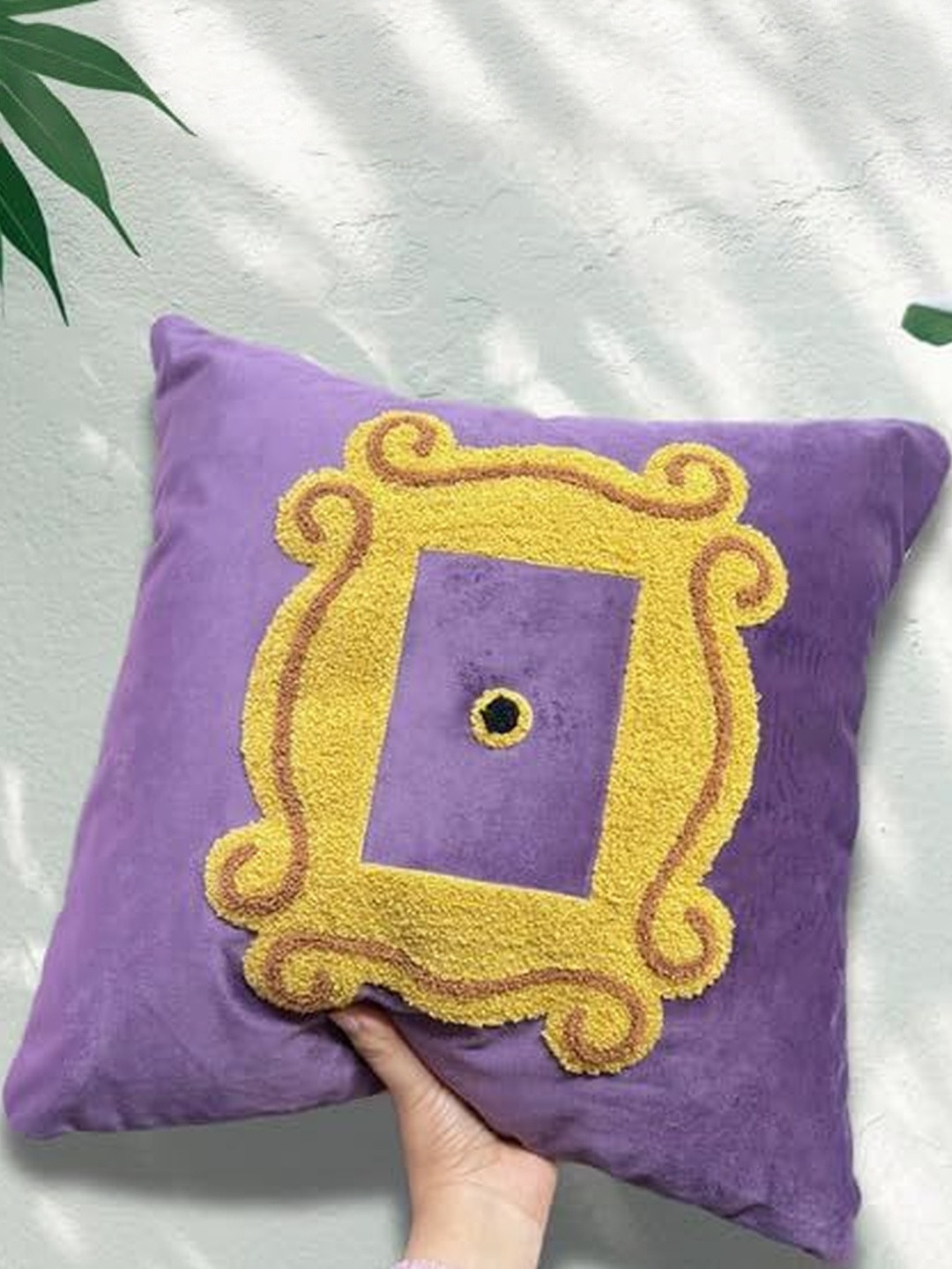 del hogar Purple & Yellow Embroidery Velvet Monica's Door Inspired Cushion Cover