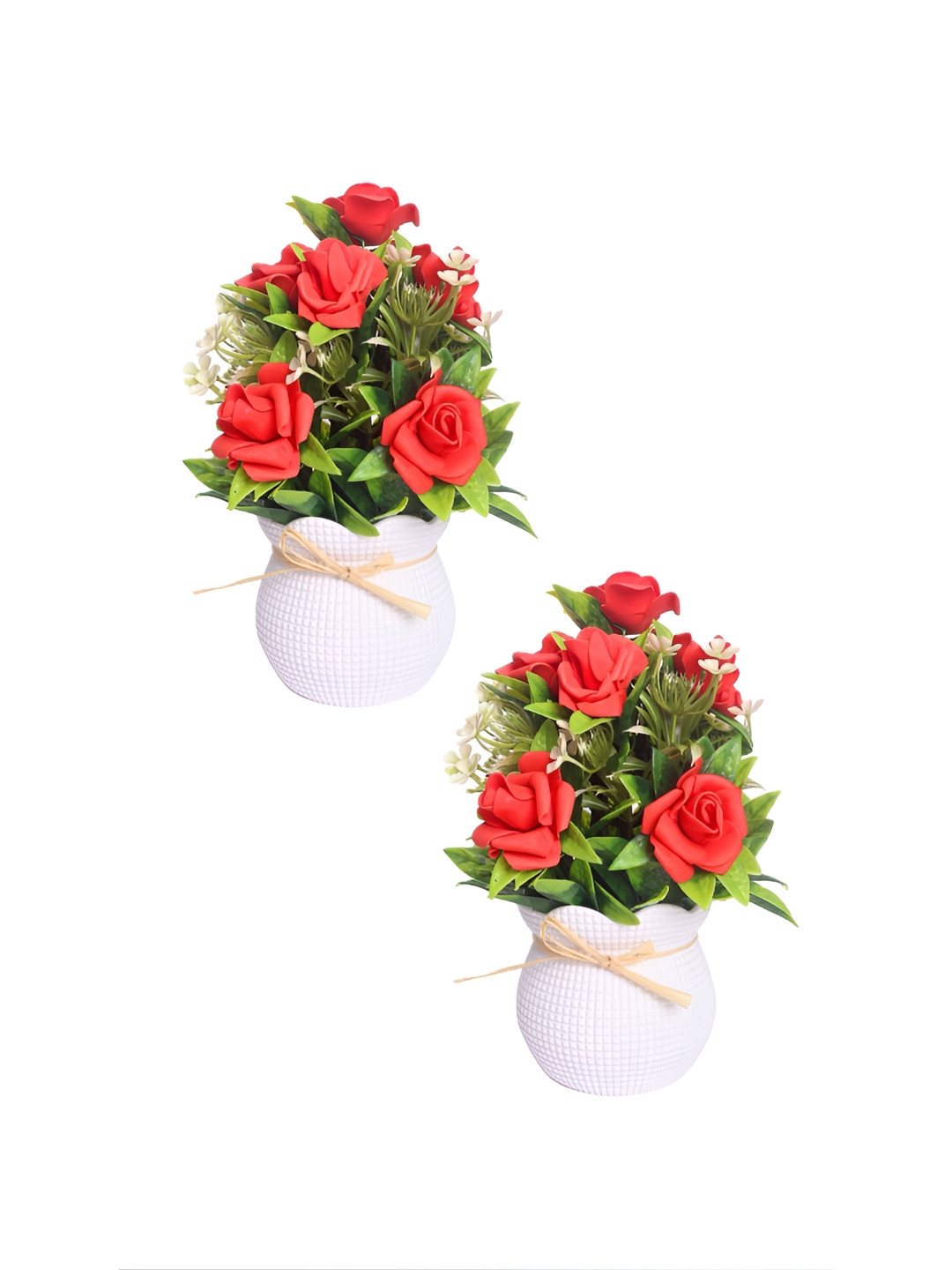 PROKART Red & Green 2 Pieces Rose Artificial Flowers With Pots