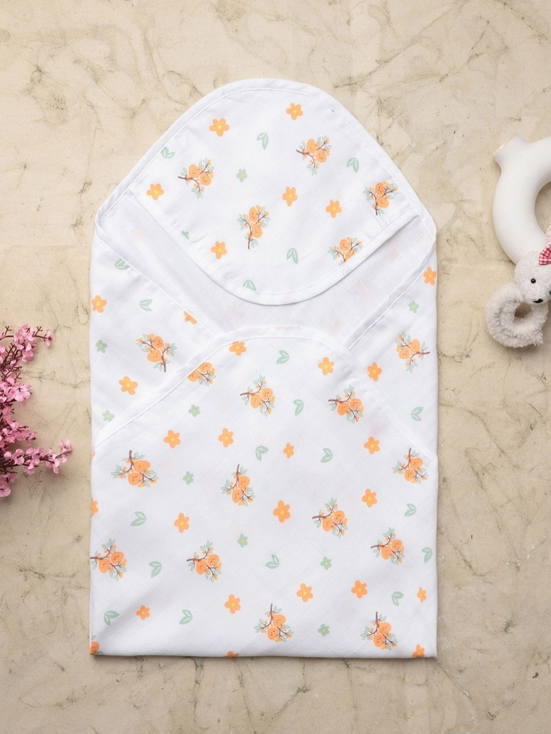 Nuego Infants White & Orange Colored Printed Organic Cotton 210 GSM Bath Towel