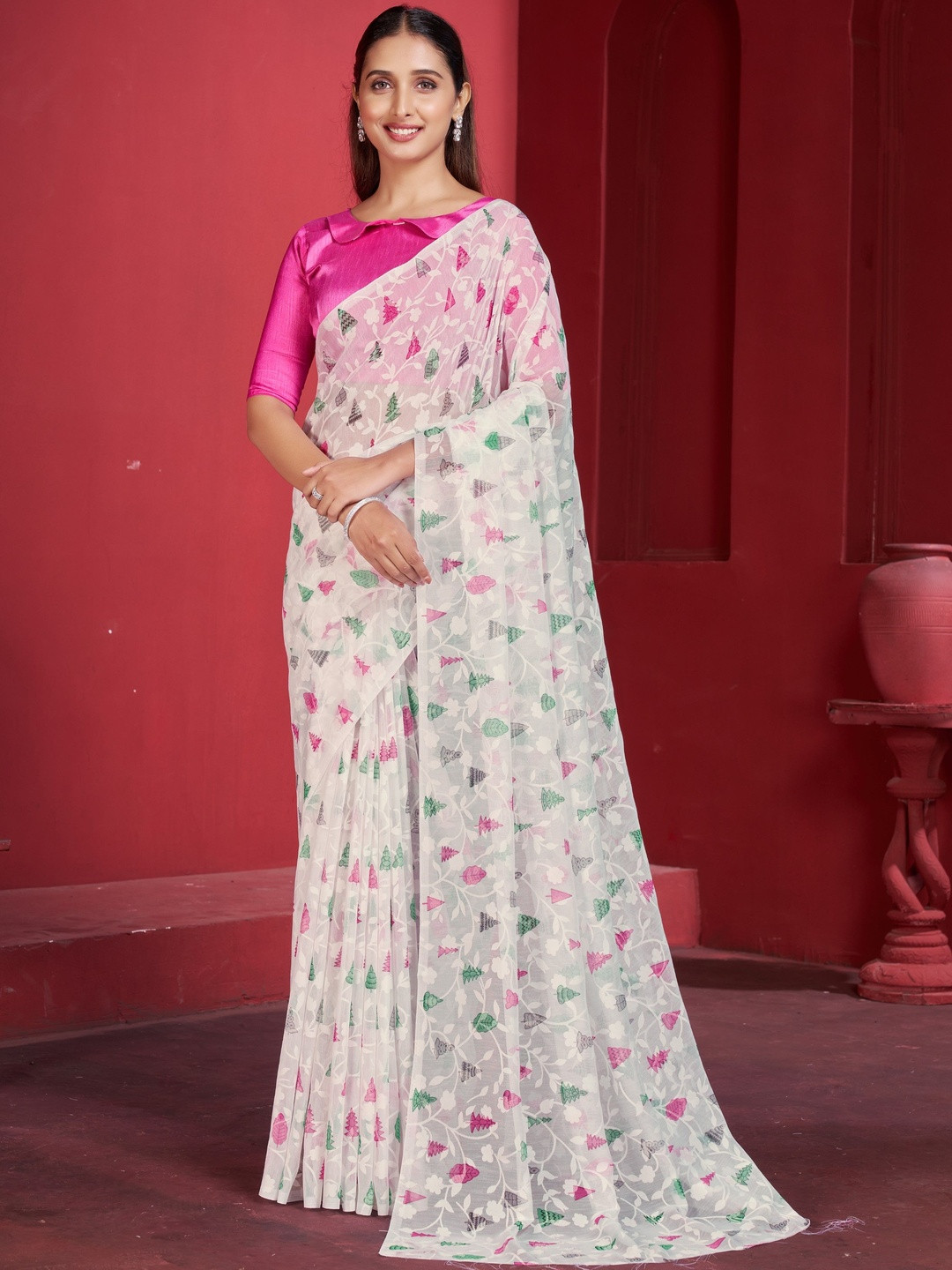 Garden Vareli Women Pink Floral Print Viscose Brasso Saree With Unstitched Blouse