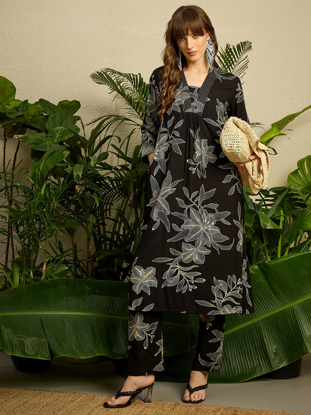 Indo Era Women Black Viscose Rayon Floral Printed Regular Kurta with Trousers Set