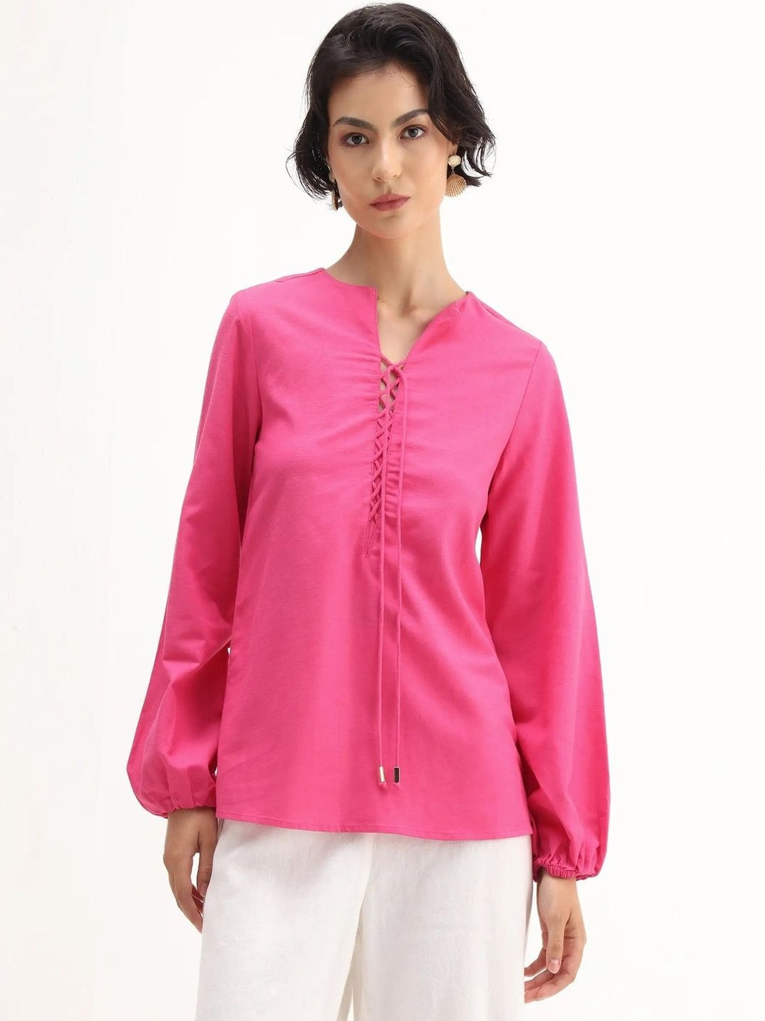 RAREISM Women Nulan Pink Primary Mandarin Collar Top