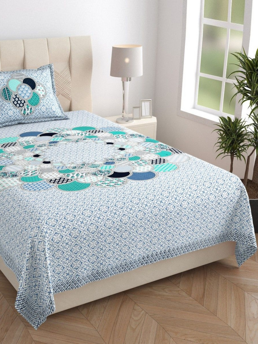 AC FASHION Blue & Blue Floral 144 TC Single Bedsheet Set 1.50 m x 2.20 m