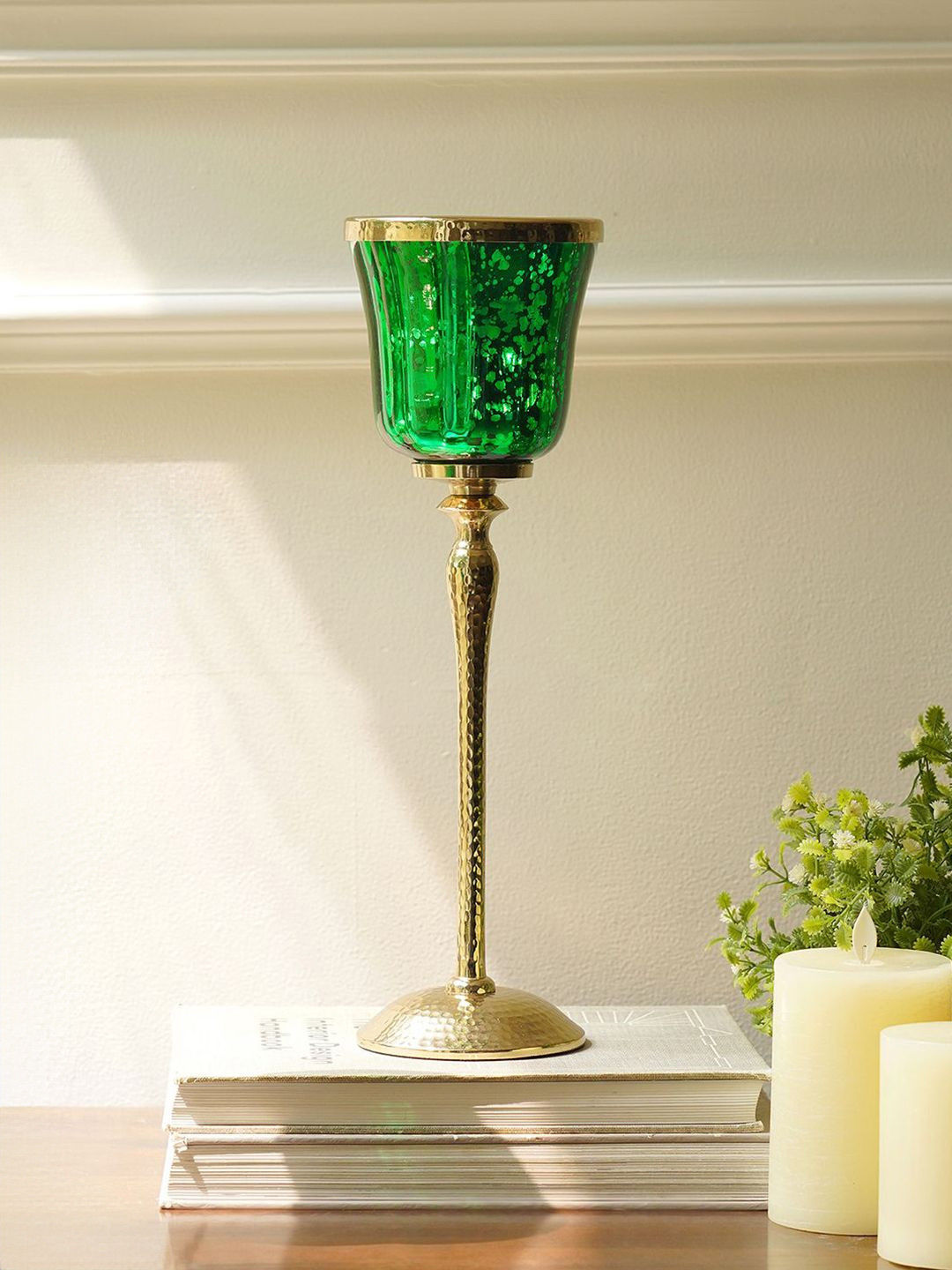 Pure Home and Living Green & Gold Toned Glass Candle Holder with Hammered Base