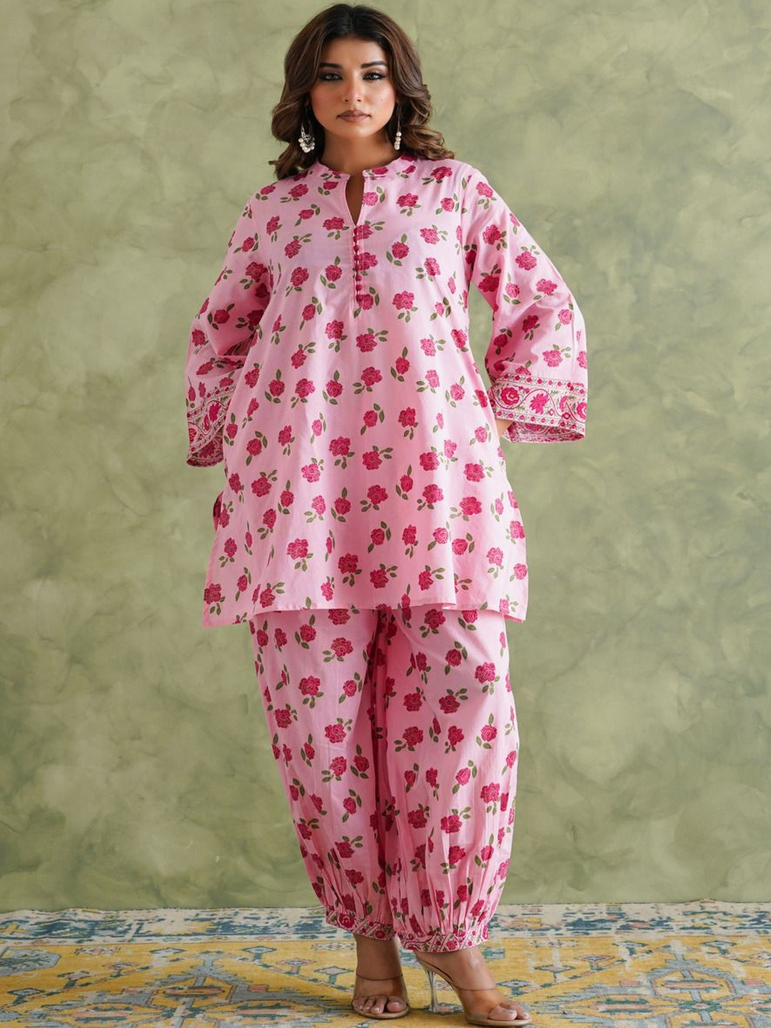 TARA-C-TARA Women Floral Printed Regular Thread Work Pure Cotton Kurta with Patiala