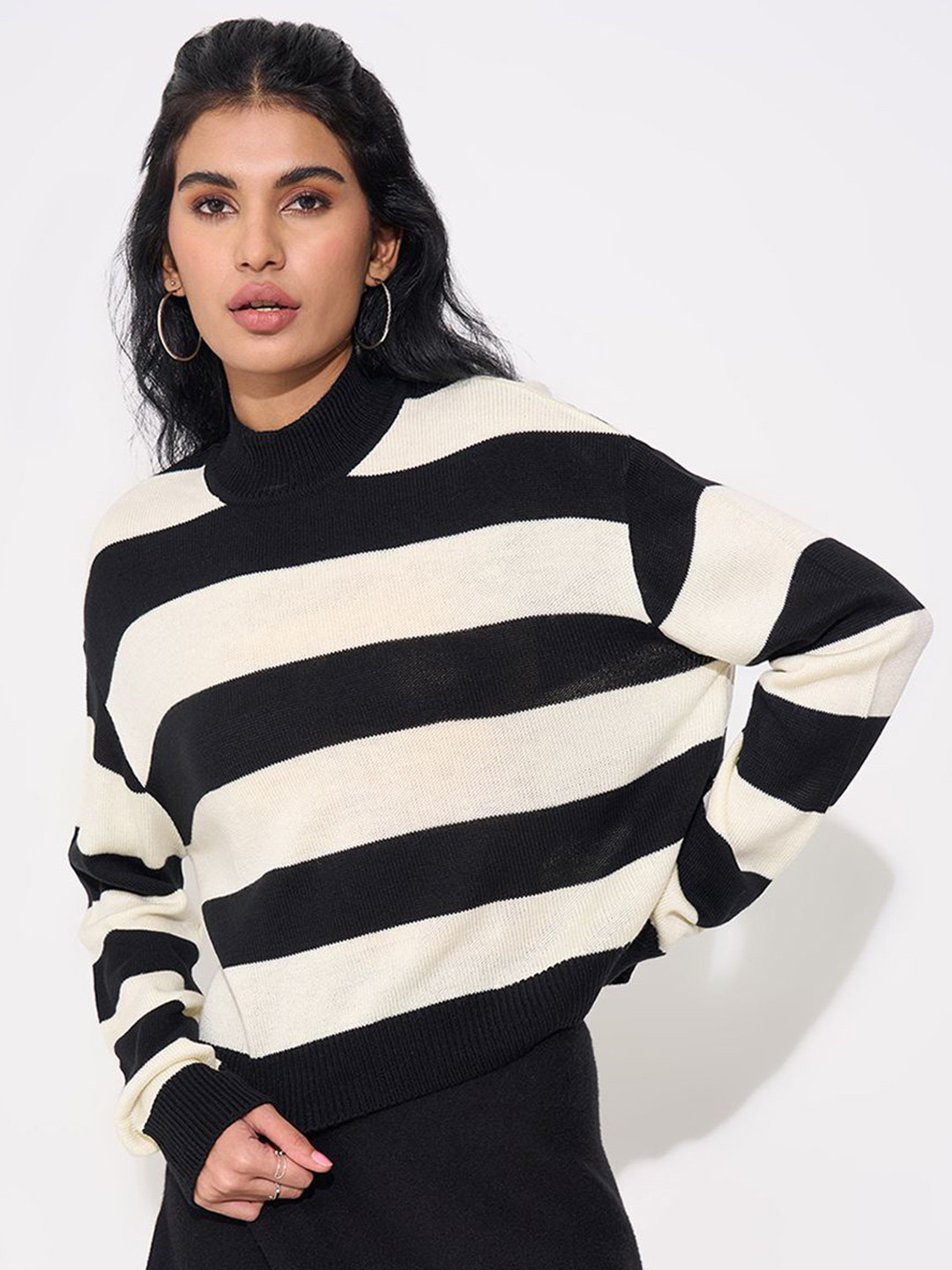 SF JEANS by Pantaloons Women Striped High Neck Full Sleeve Pullover